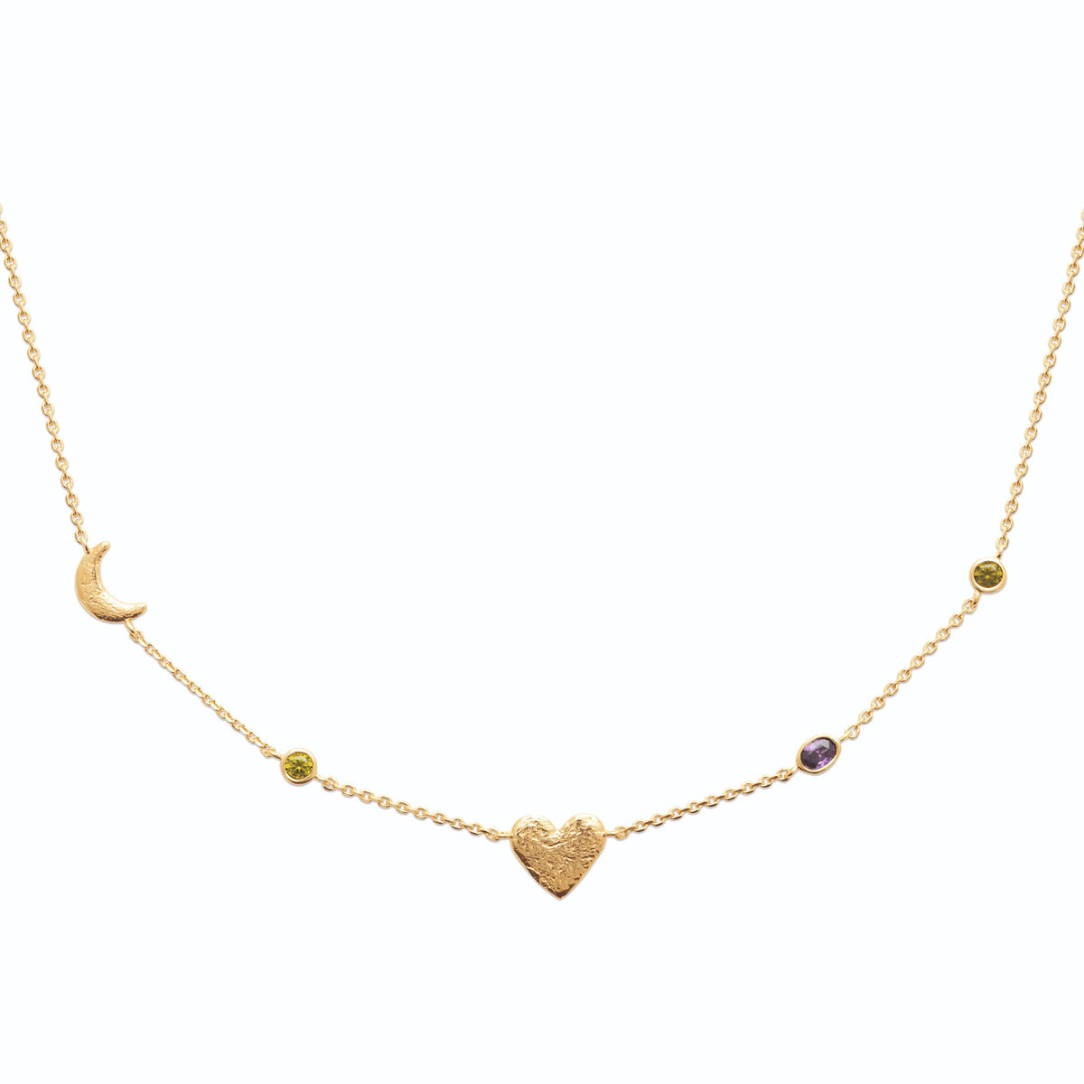 Collier lune, cœur granulé et pierres de couleur en plaqué or