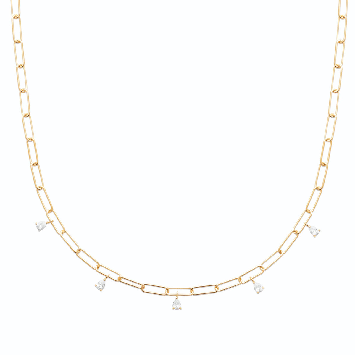 Collier maille trombone à pampilles de zircons en plaqué or
