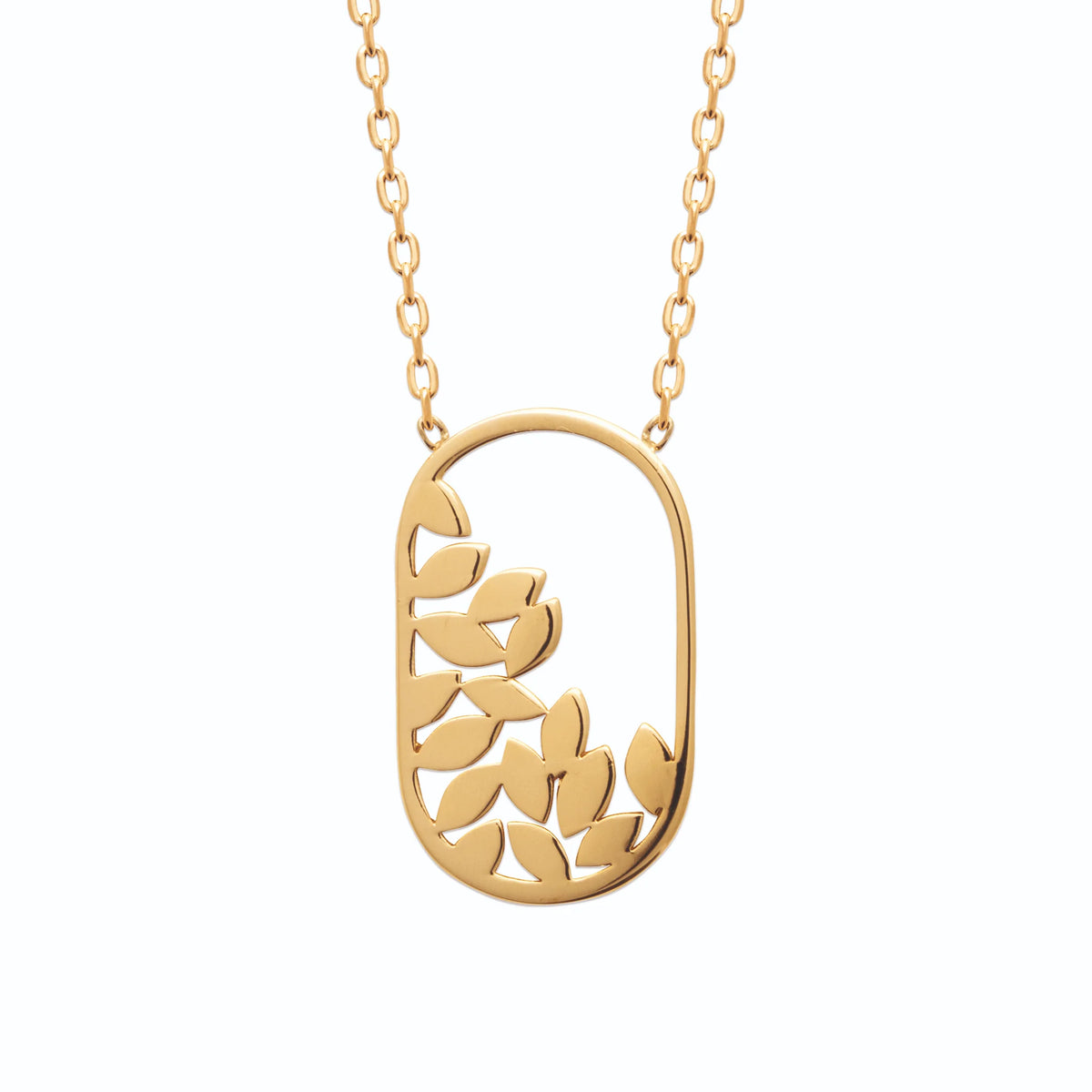 Collier maillon ovale garni de feuilles découpées en plaqué or