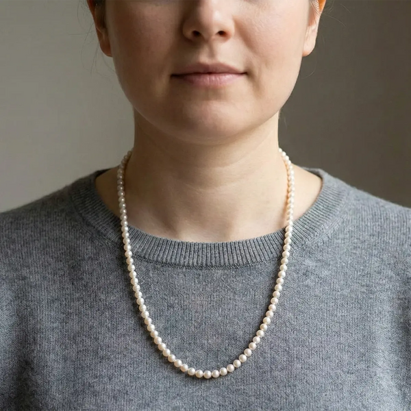 Long collier de perles longueur matinée porté sous les clavicules sur un pull gris