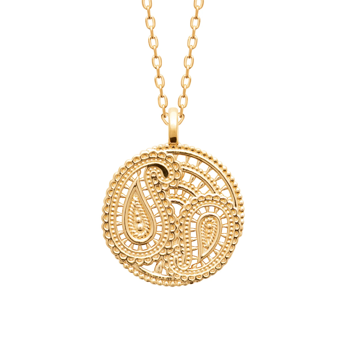 Collier médaille ronde ajourée à motifs cachemire en plaqué or