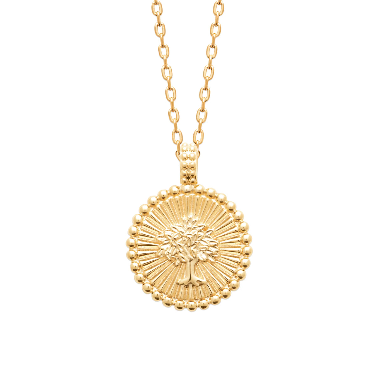 Collier médaille arbre de vie en relief et rayons gravés en plaqué or
