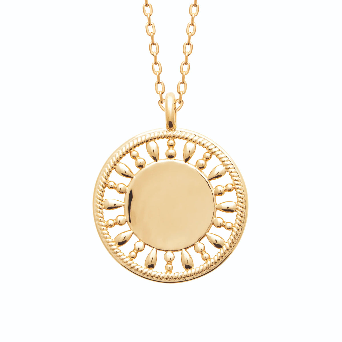 Collier médaille ronde à couronne ajourée et bord torsadé en plaqué or