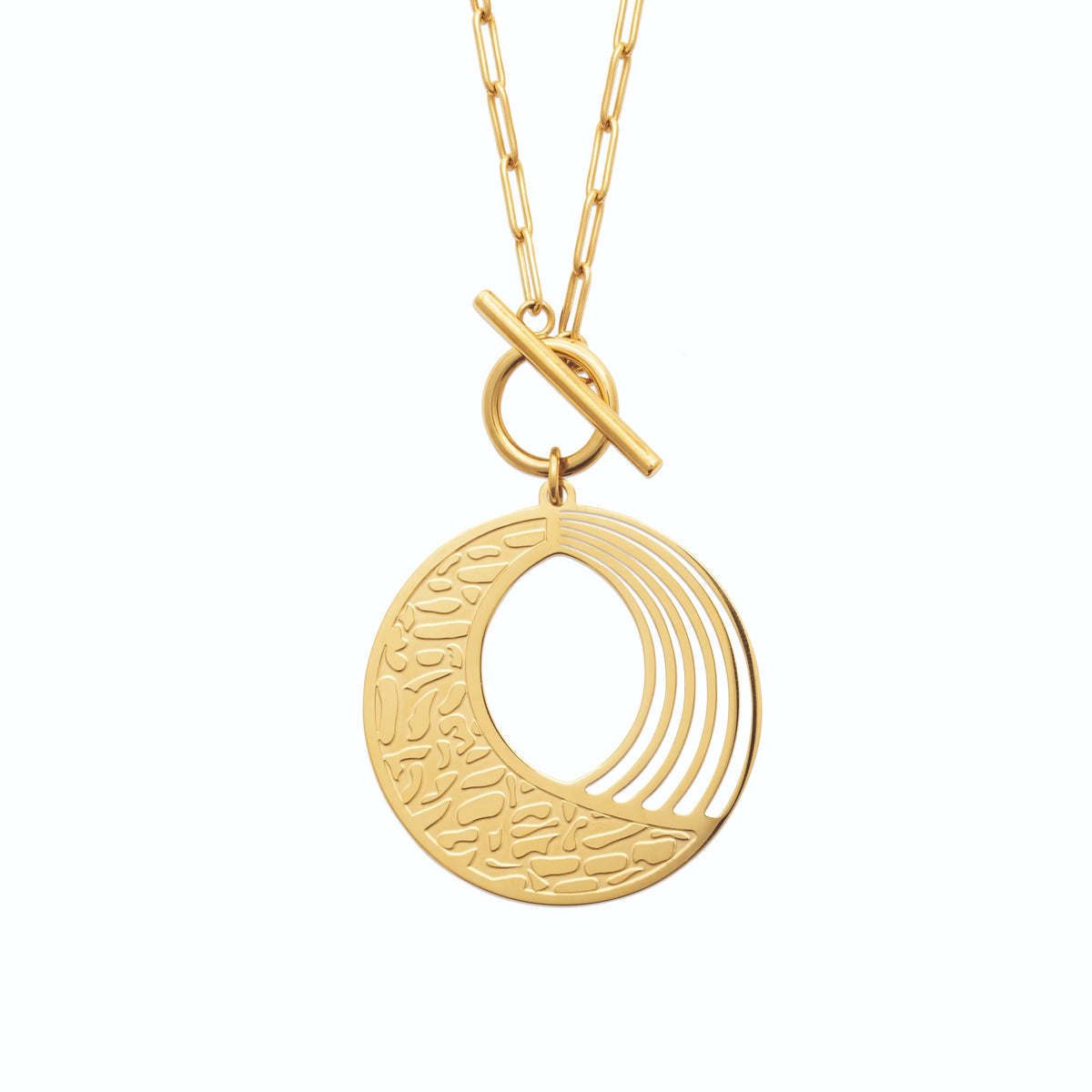 Collier médaille croissant ajourée et barre en T en acier doré