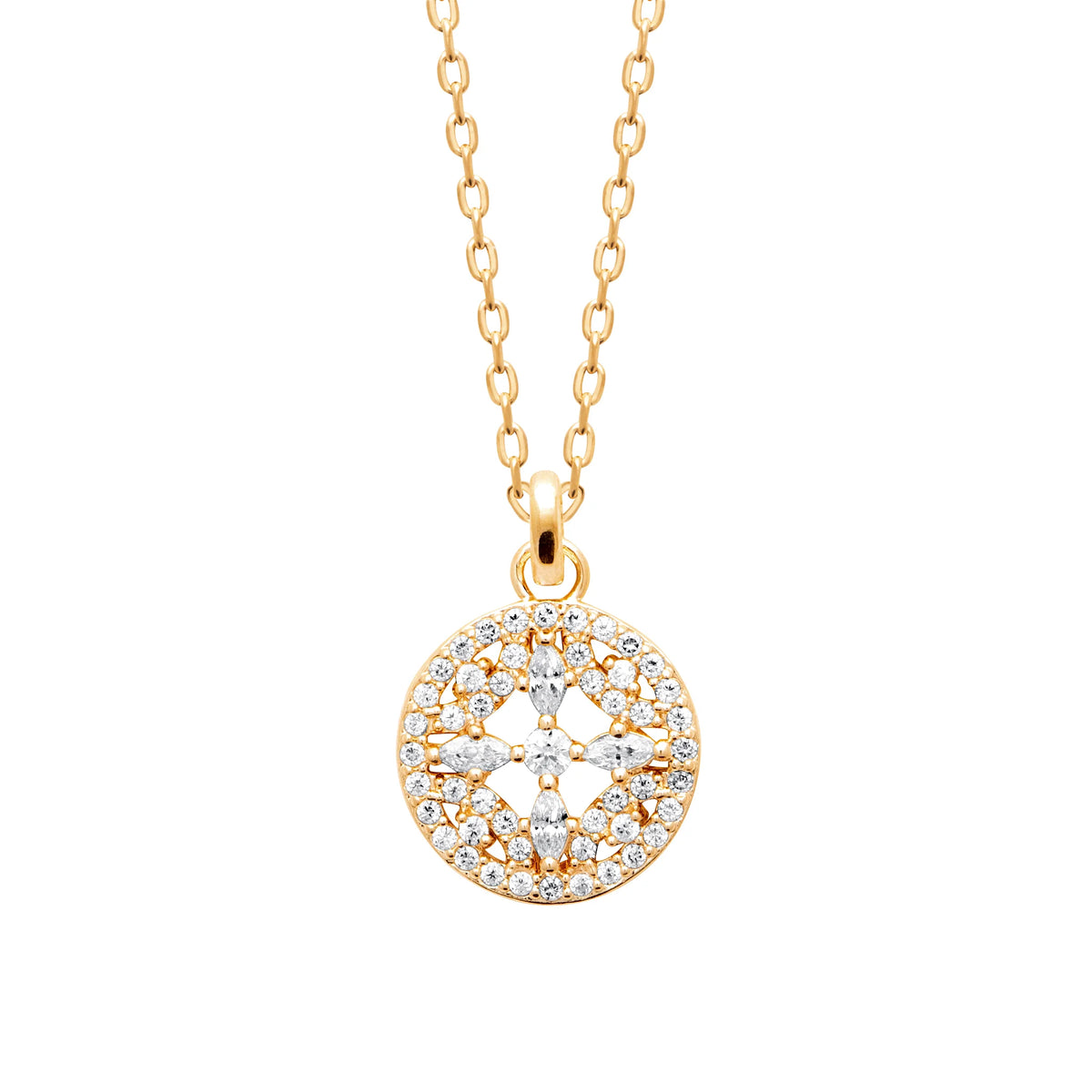 Collier médaille fleur ajourée pavée de zircons en plaqué or