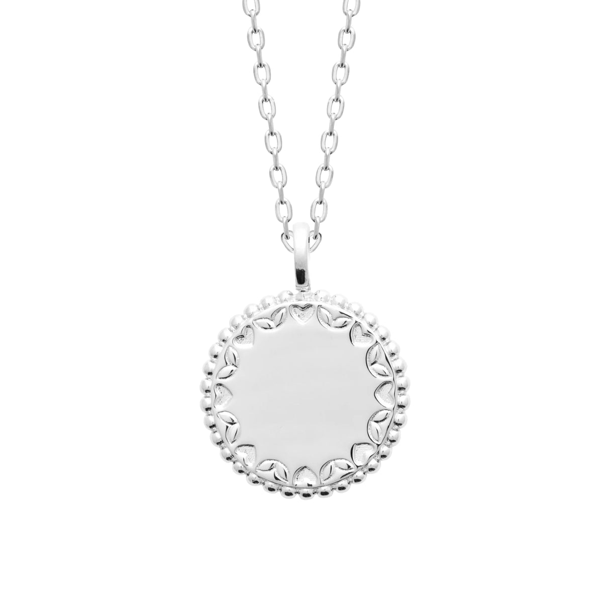 Collier médaille ronde à frise de cœurs et feuillages en argent 925