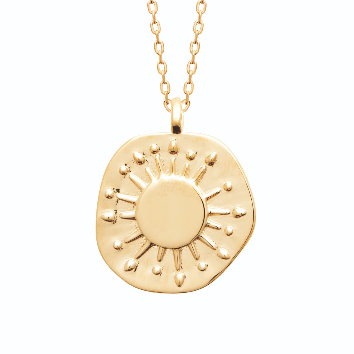 Collier médaille galet et soleil aux rayons perlés en plaqué or
