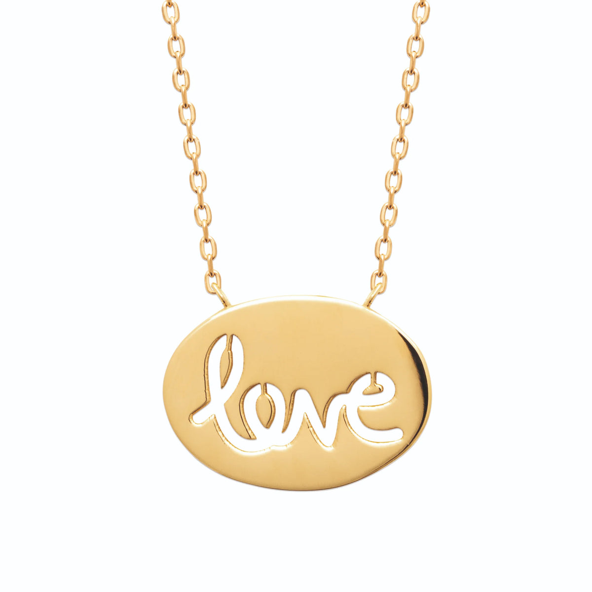 Collier médaille ovale ajourée du mot love en plaqué or