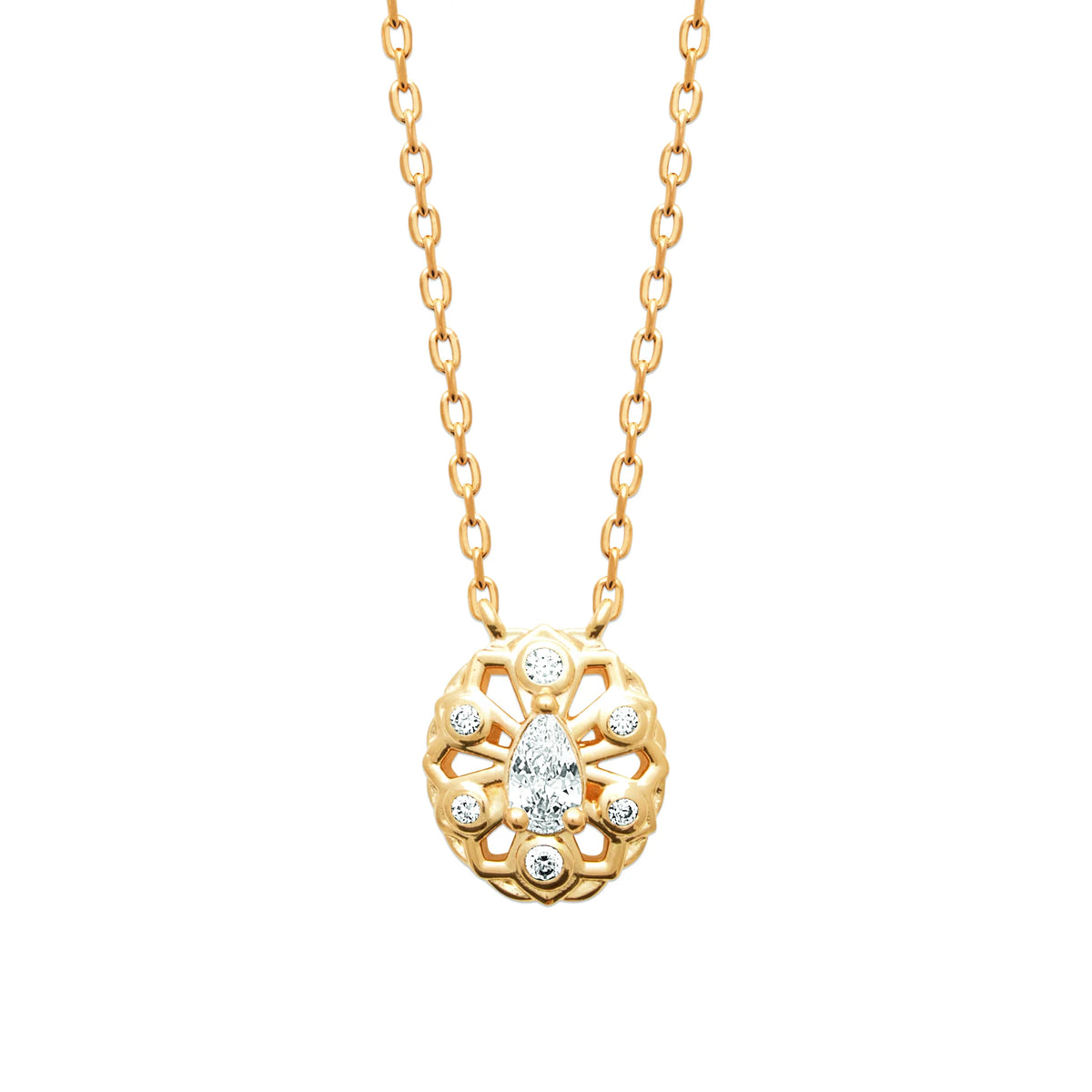 Collier médaille ovale ajourée en dentelle et zircon poire en plaqué or