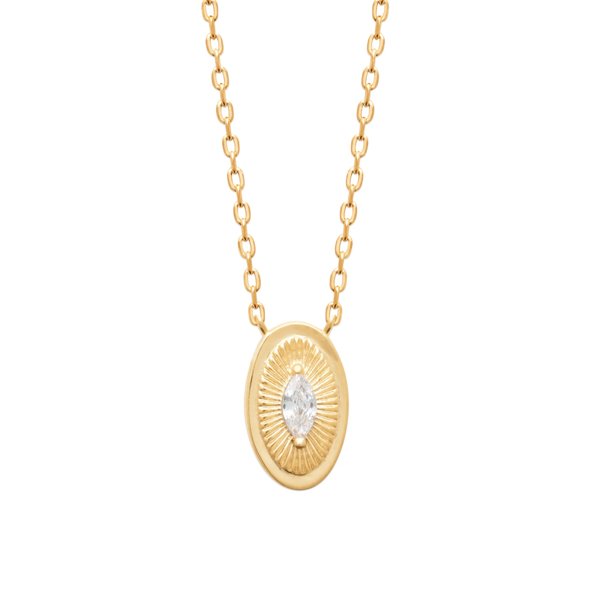 Collier médaille ovale rayonnée et zircon navette en plaqué or