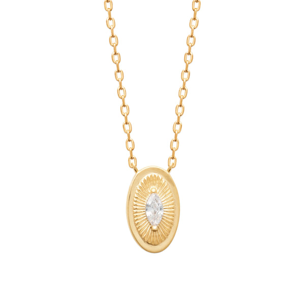 Collier médaille ovale rayonnée et zircon navette en plaqué or