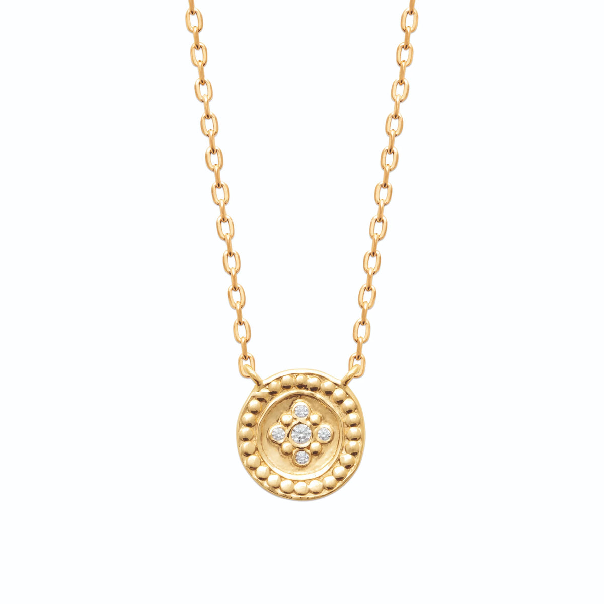 Collier médaille perlée à fleurette zircon en plaqué or