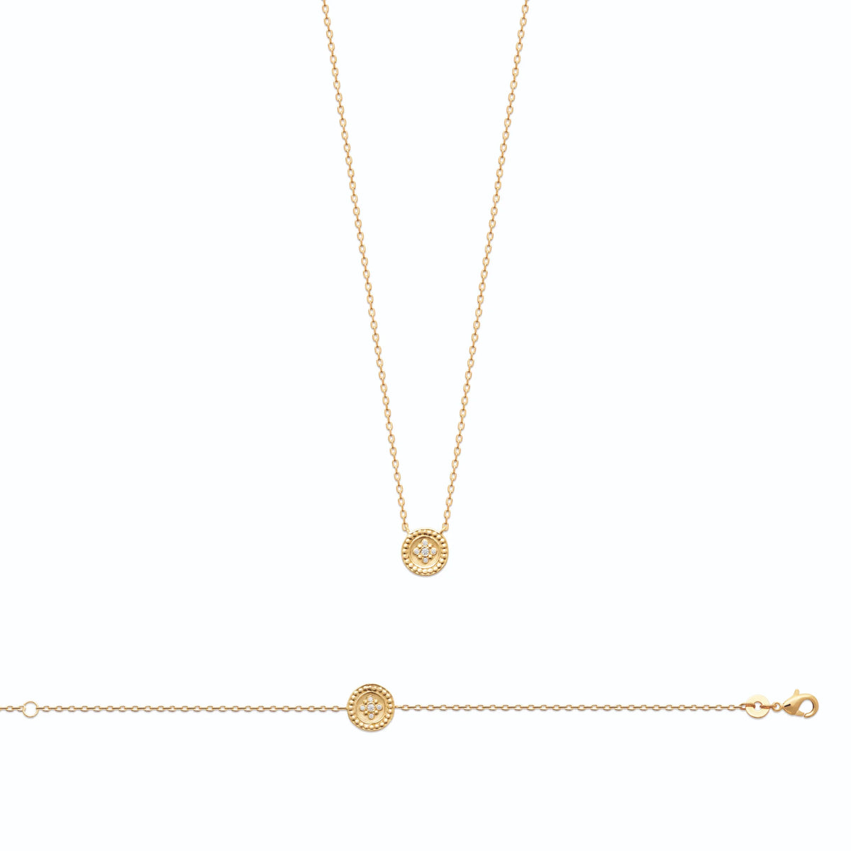 Collier médaille perlée à fleurette zircon en plaqué or
