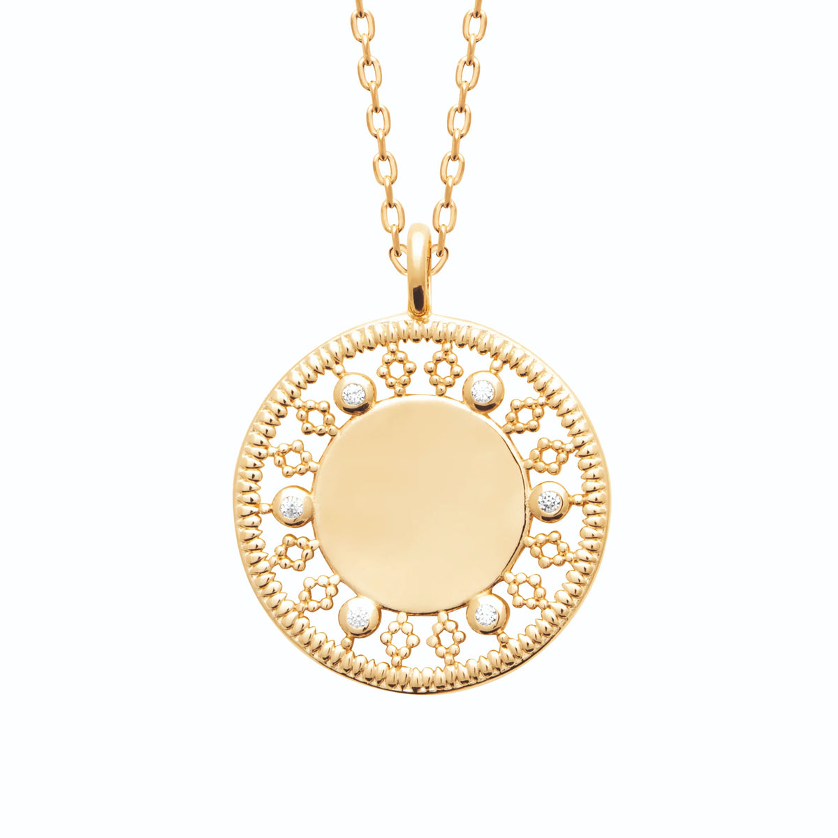 Collier médaille ronde en dentelle de fleurettes et zircons en plaqué or