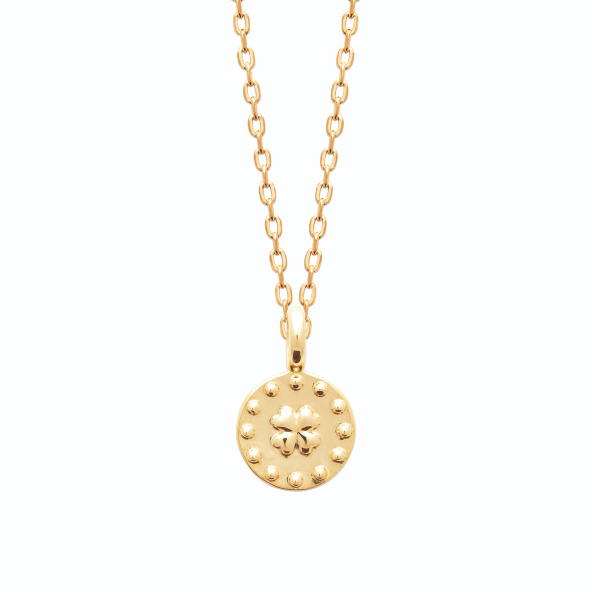 Collier médaille trèfle à quatre cœurs perlée en plaqué or