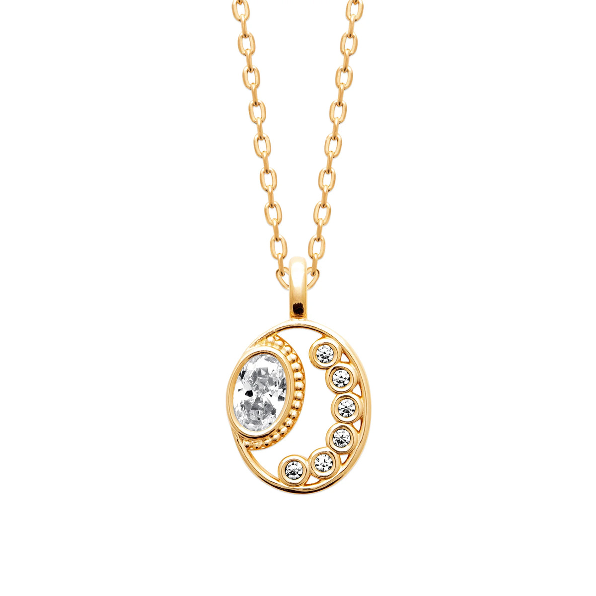 Collier médaillon croissant de lune et zircons en plaqué or