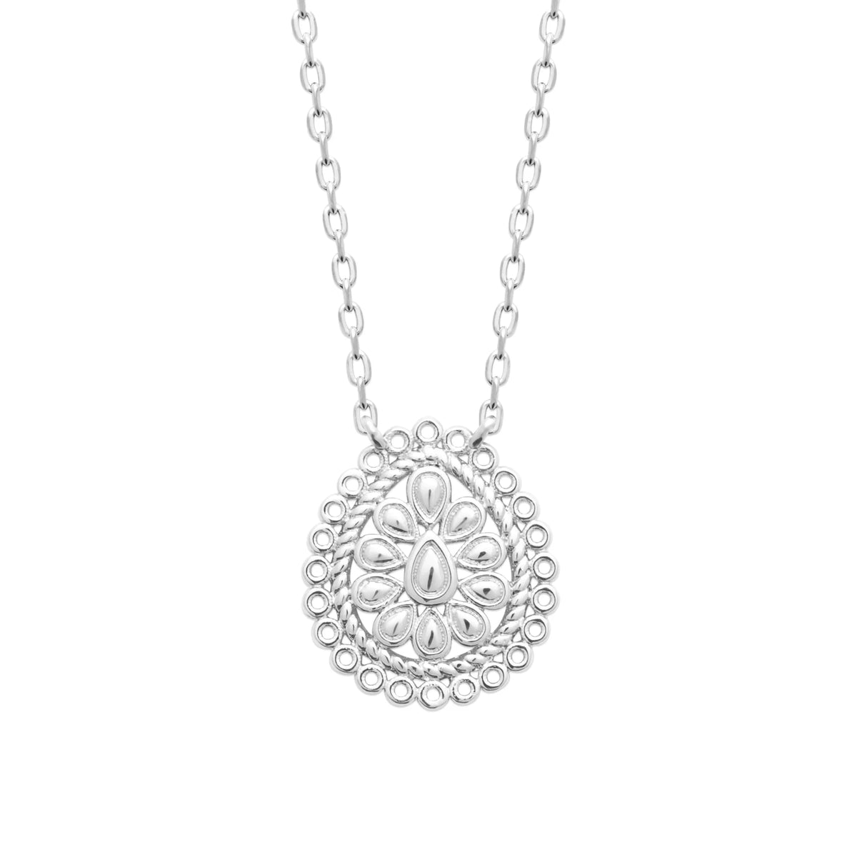 Collier médaillon goutte en dentelle filigranée en argent 925