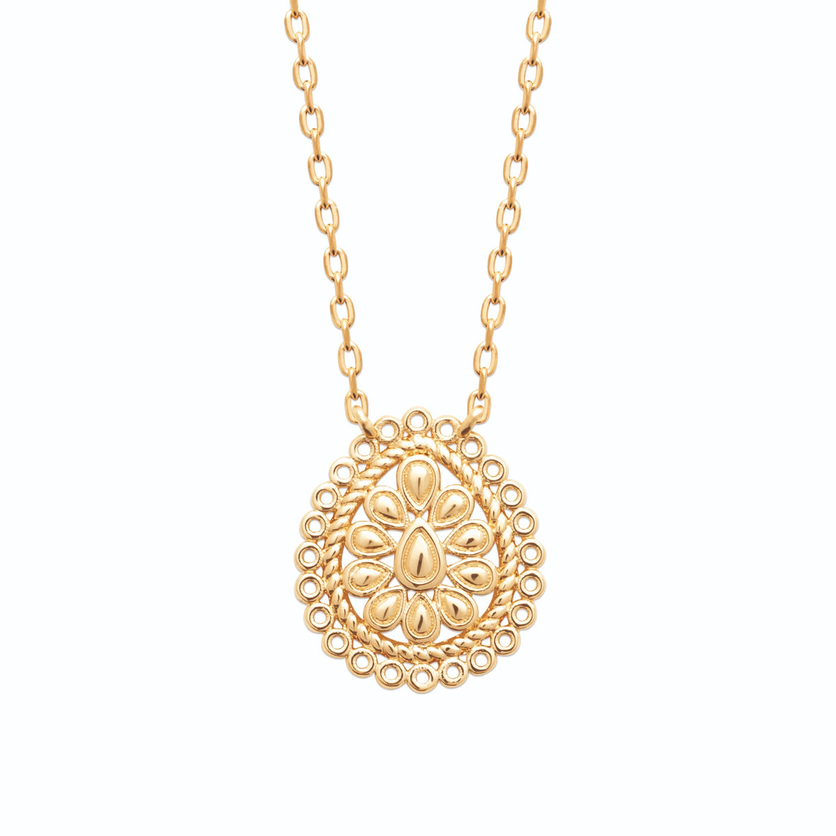Collier médaillon goutte en dentelle filigranée en plaqué or