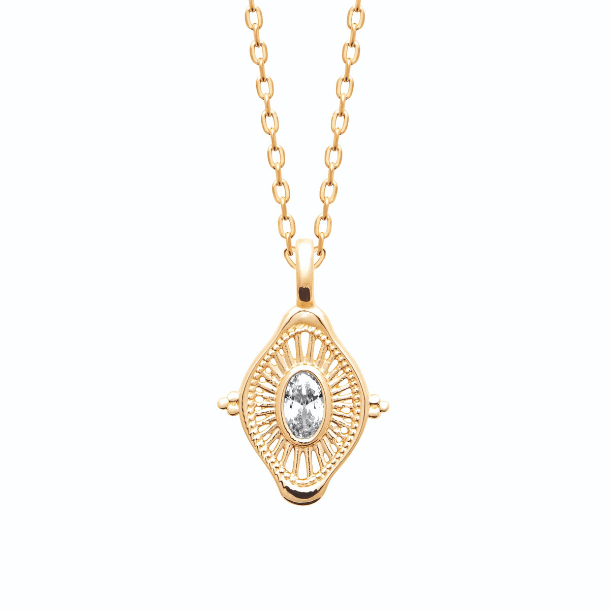 Collier médaillon navette ajouré et zircon ovale en plaqué or