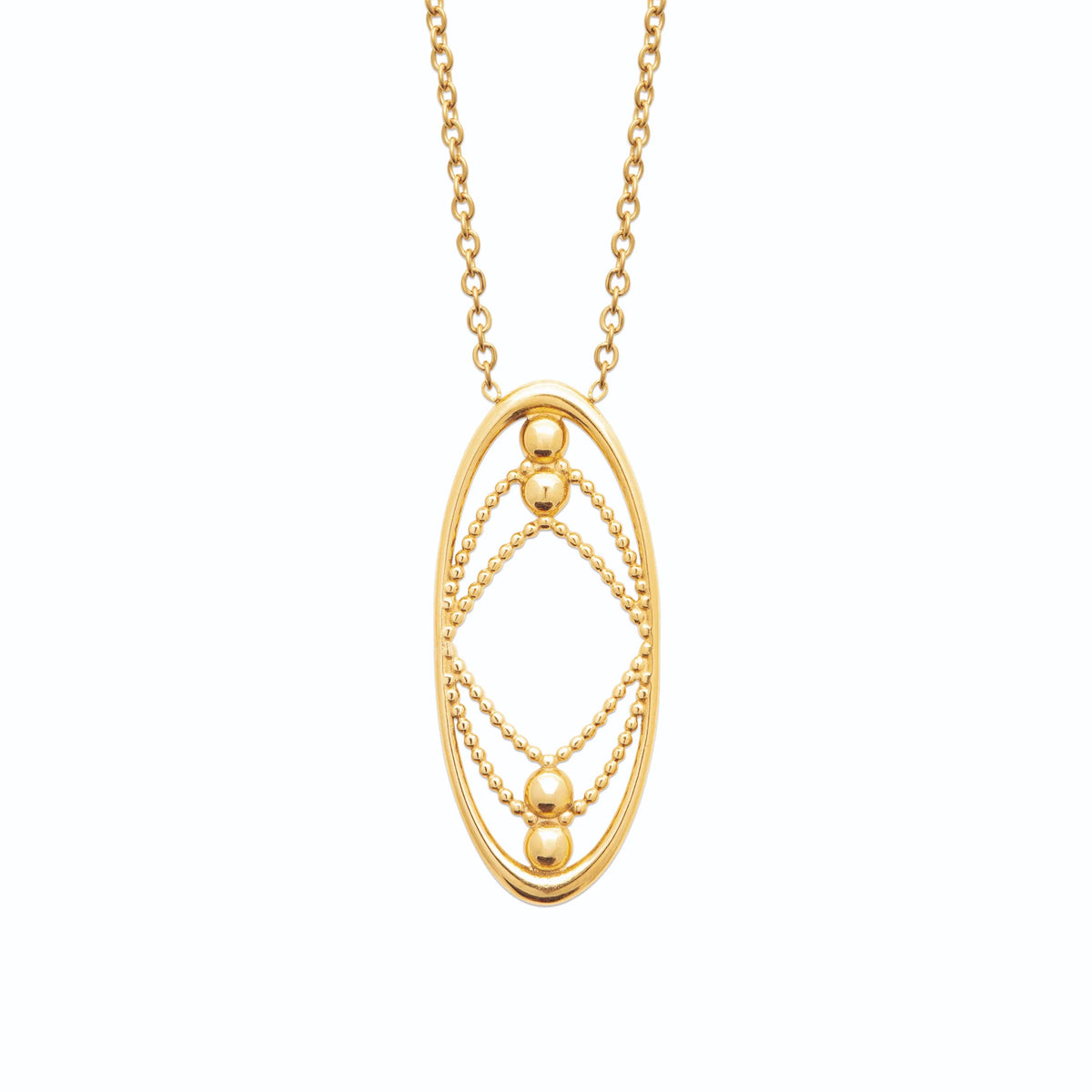 Collier médaillon ovale ajouré à chaînettes perlées en acier doré