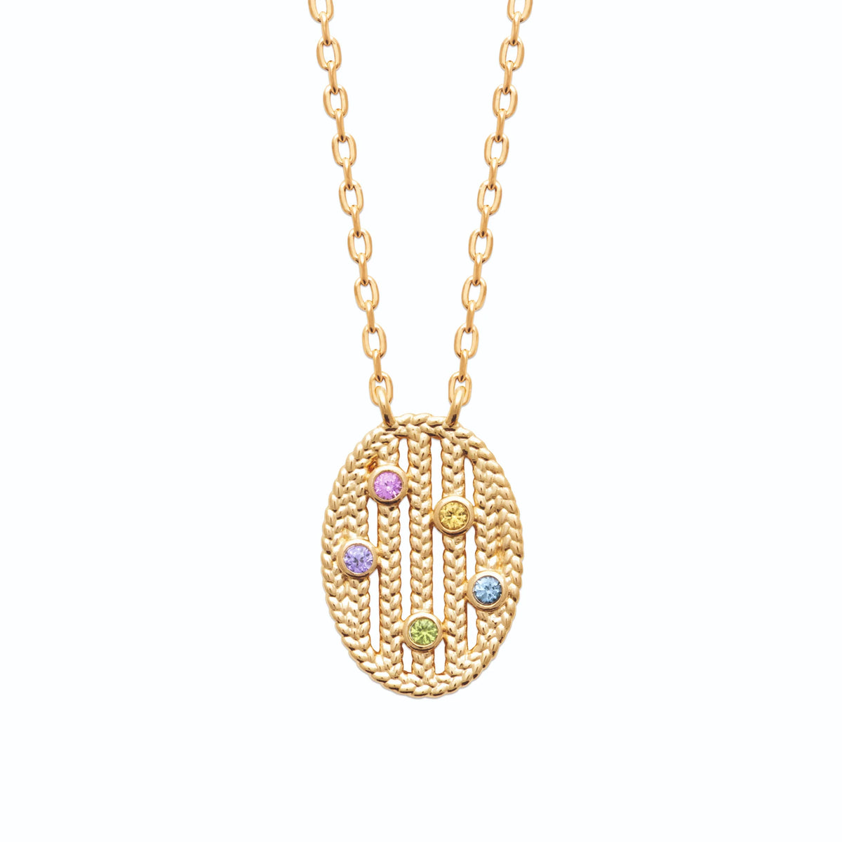 Collier médaillon ovale en résille tressée et pierres de couleur en plaqué or