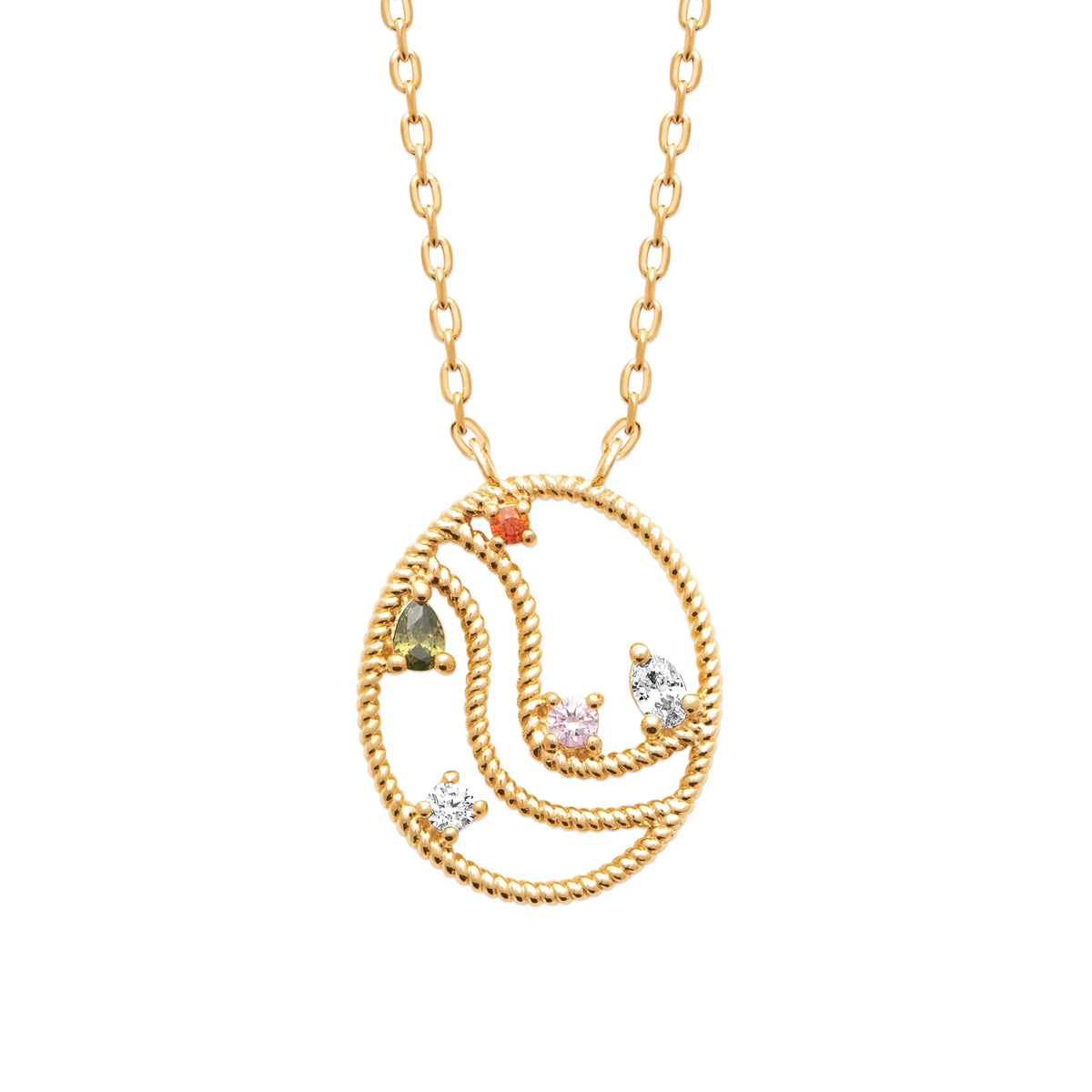 Collier médaillon ovale torsadé et pierres de couleur en plaqué or