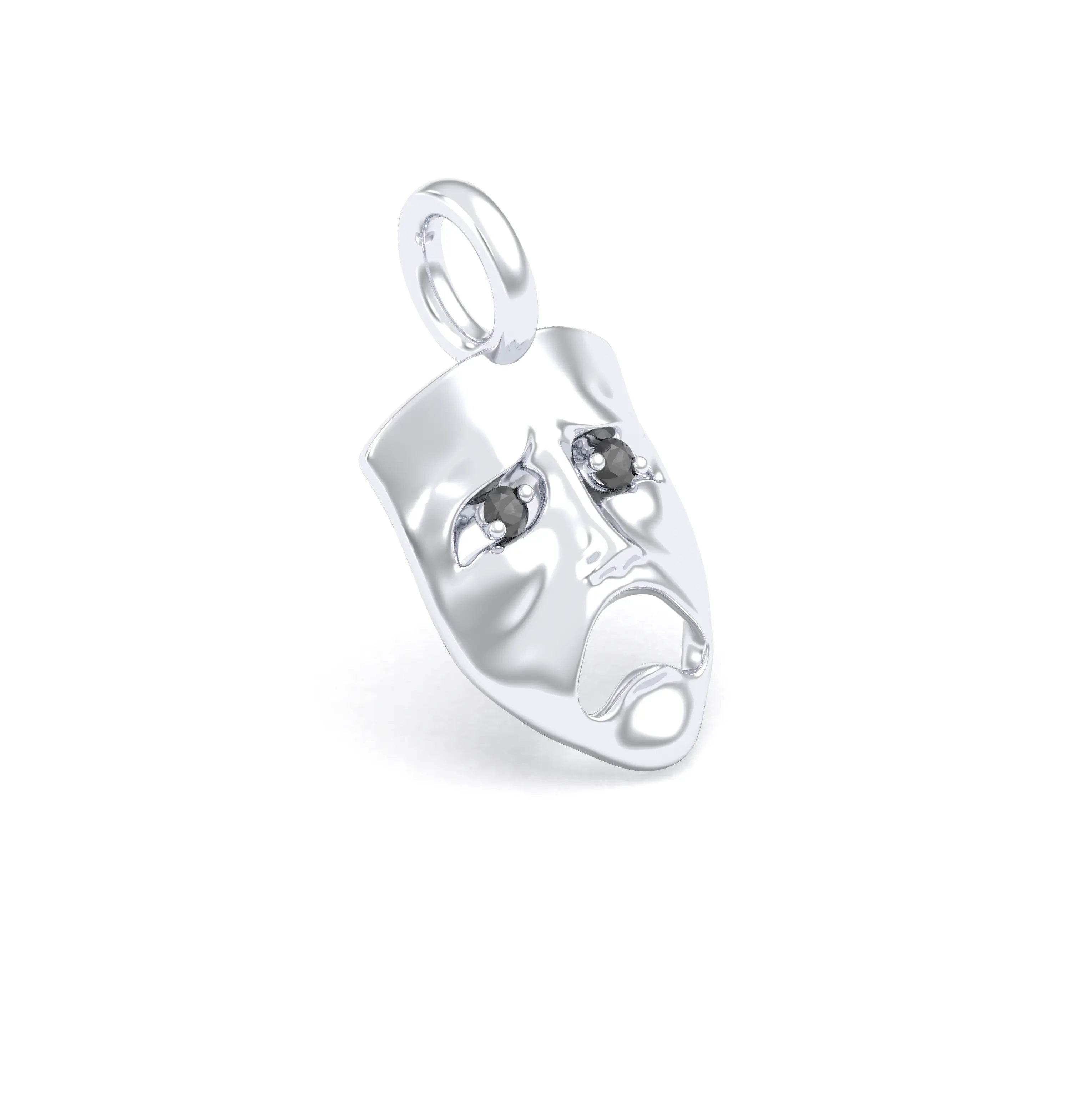 Collier Mélancolie en or blanc 18 carats, masque songeur du théâtre Diamant noir Pendentif seul