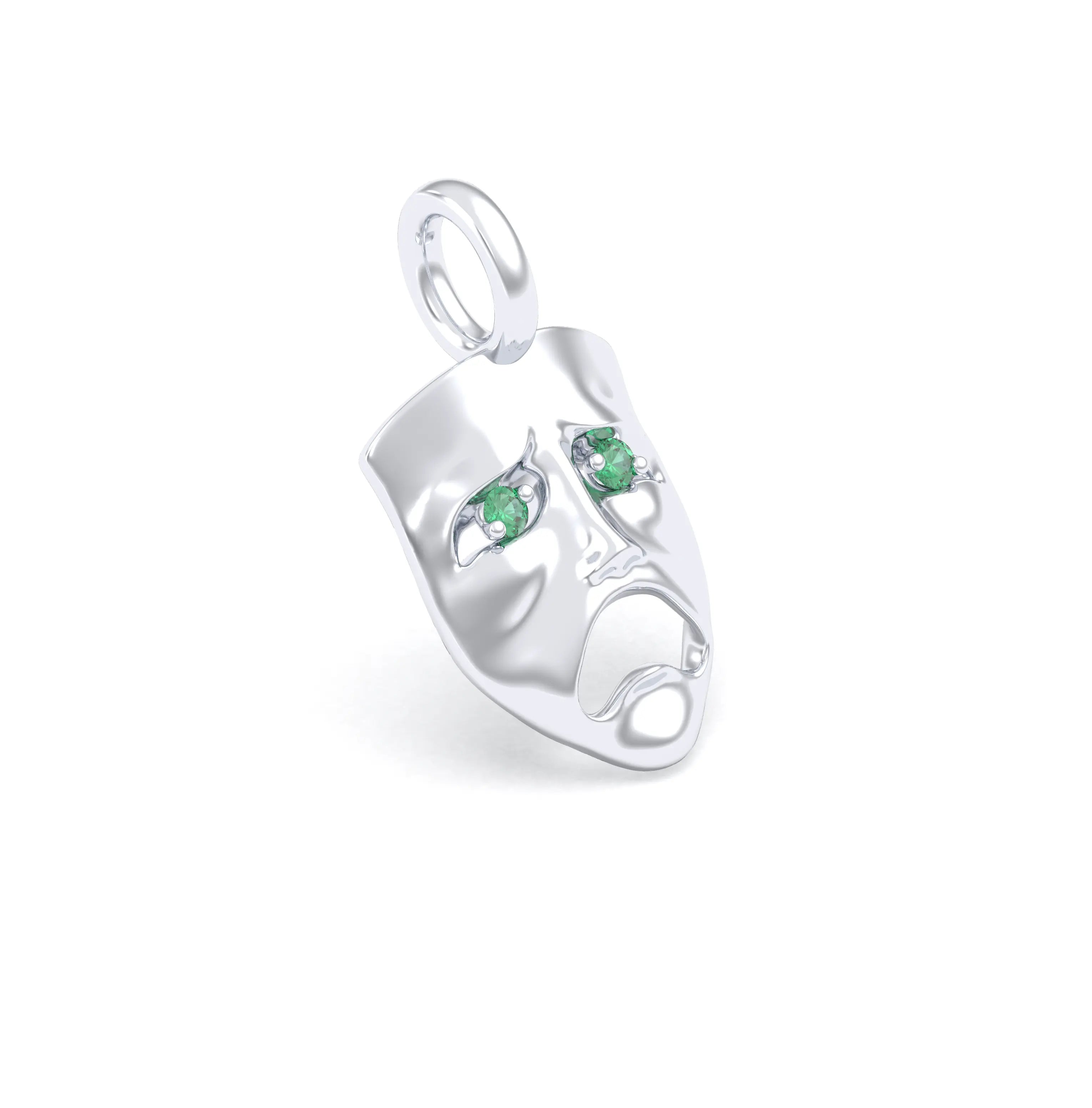 Collier Mélancolie en or blanc 18 carats, masque songeur du théâtre Emeraude Pendentif seul