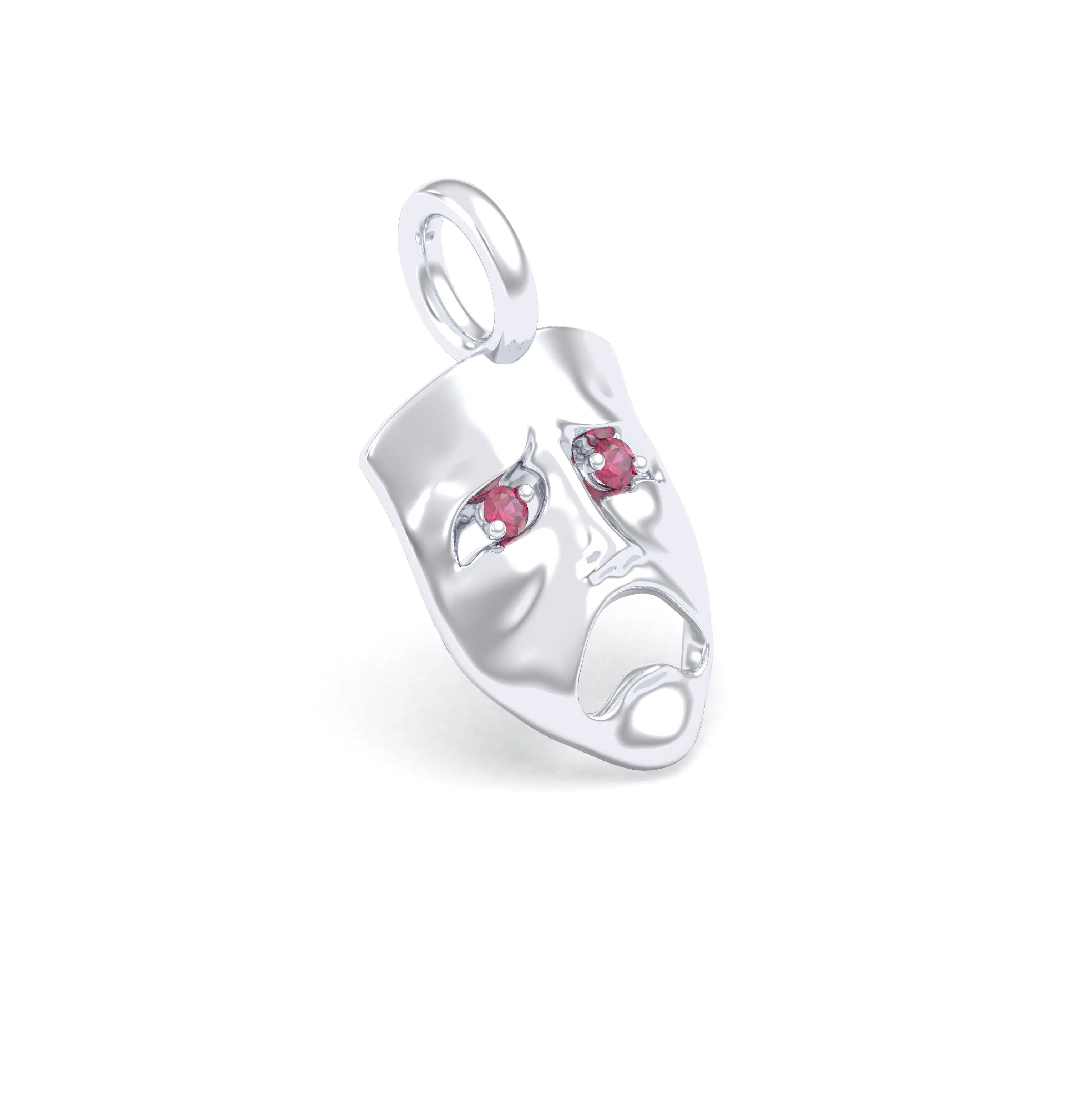 Collier Mélancolie en or blanc 18 carats, masque songeur du théâtre Rubis Pendentif seul