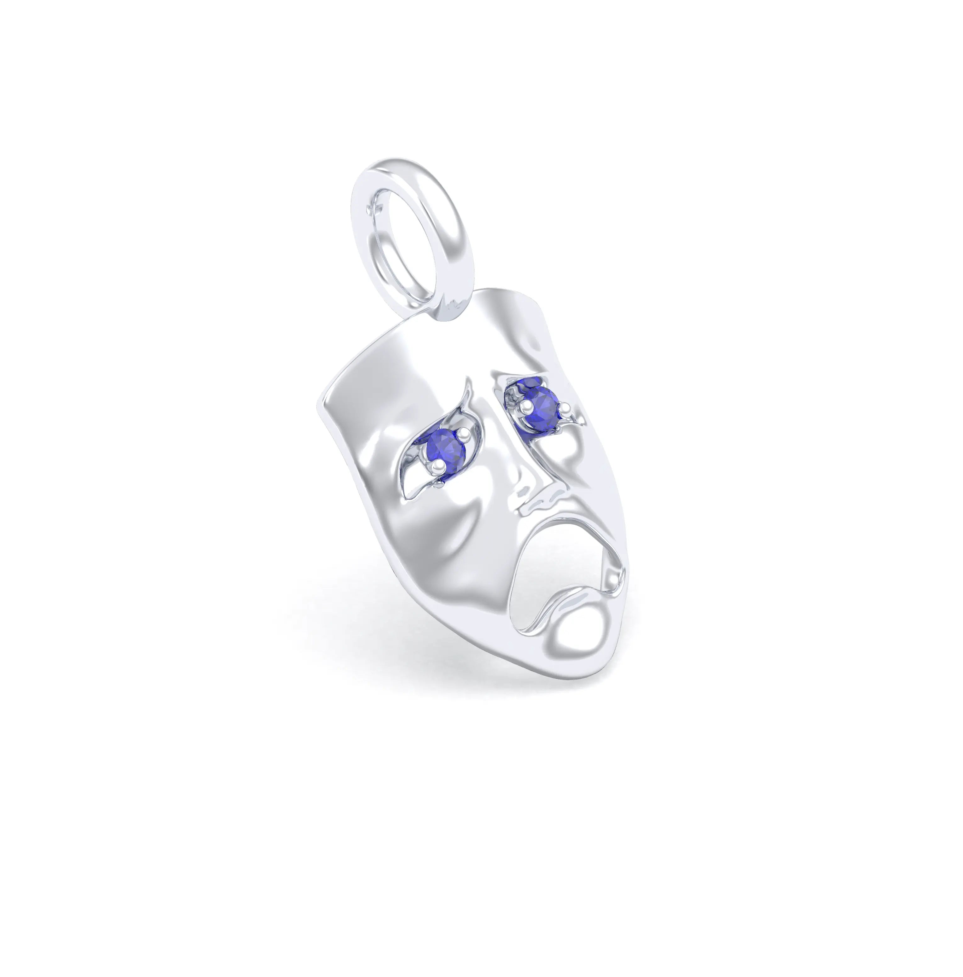 Collier Mélancolie en or blanc 18 carats, masque songeur du théâtre Saphir bleu Pendentif seul