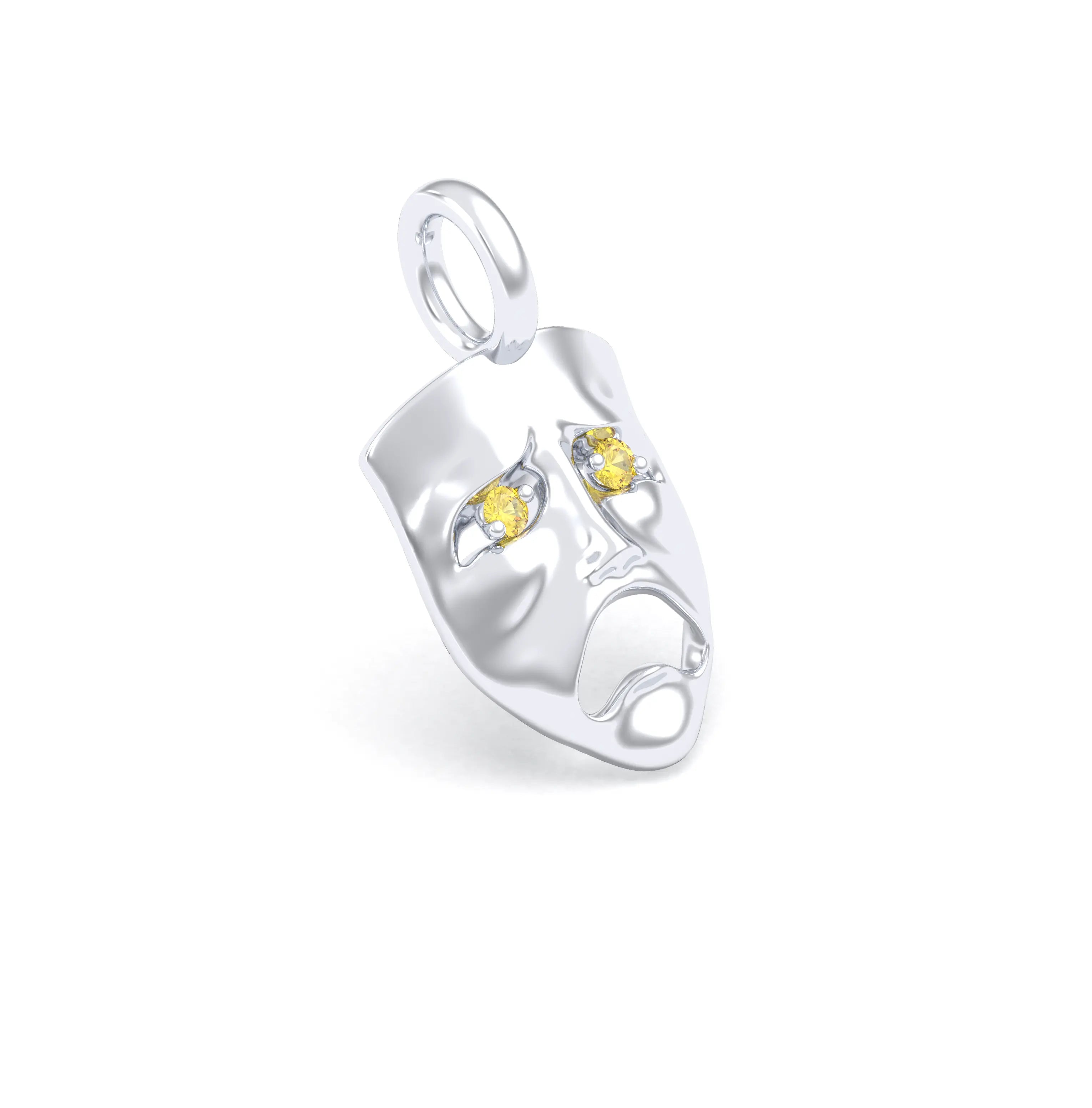 Collier Mélancolie en or blanc 18 carats, masque songeur du théâtre Saphir jaune Pendentif seul