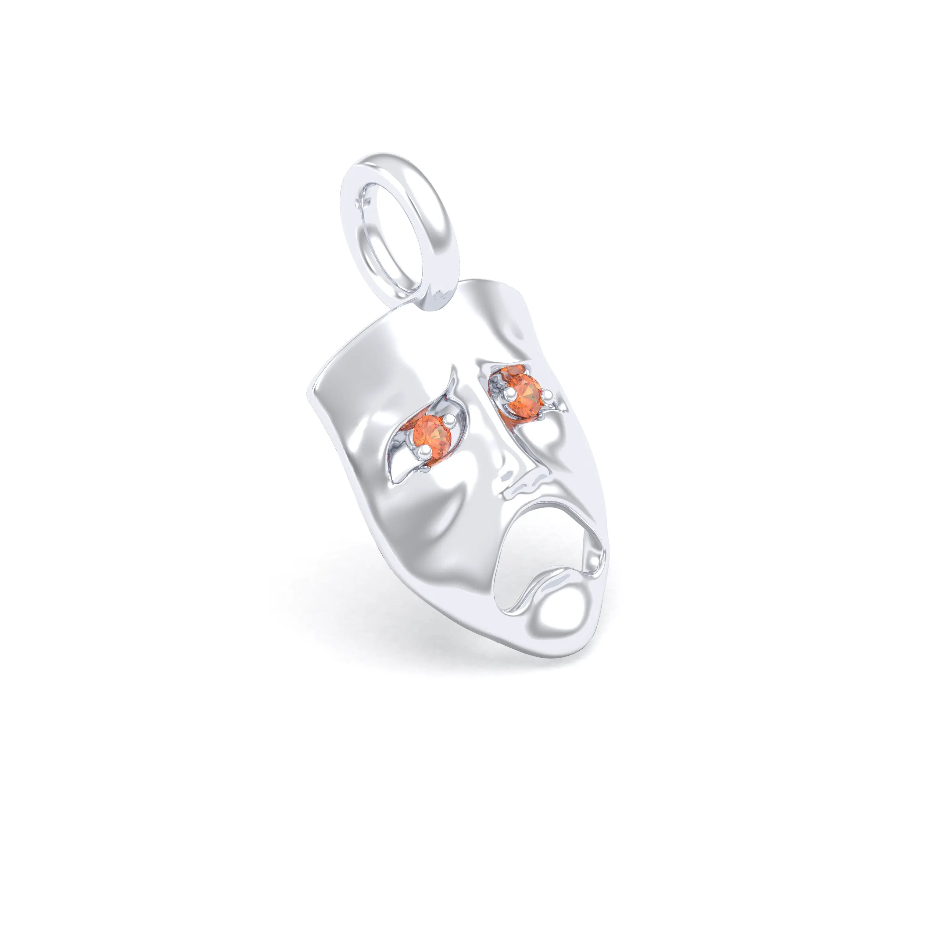 Collier Mélancolie en or blanc 18 carats, masque songeur du théâtre Saphir orange Pendentif seul