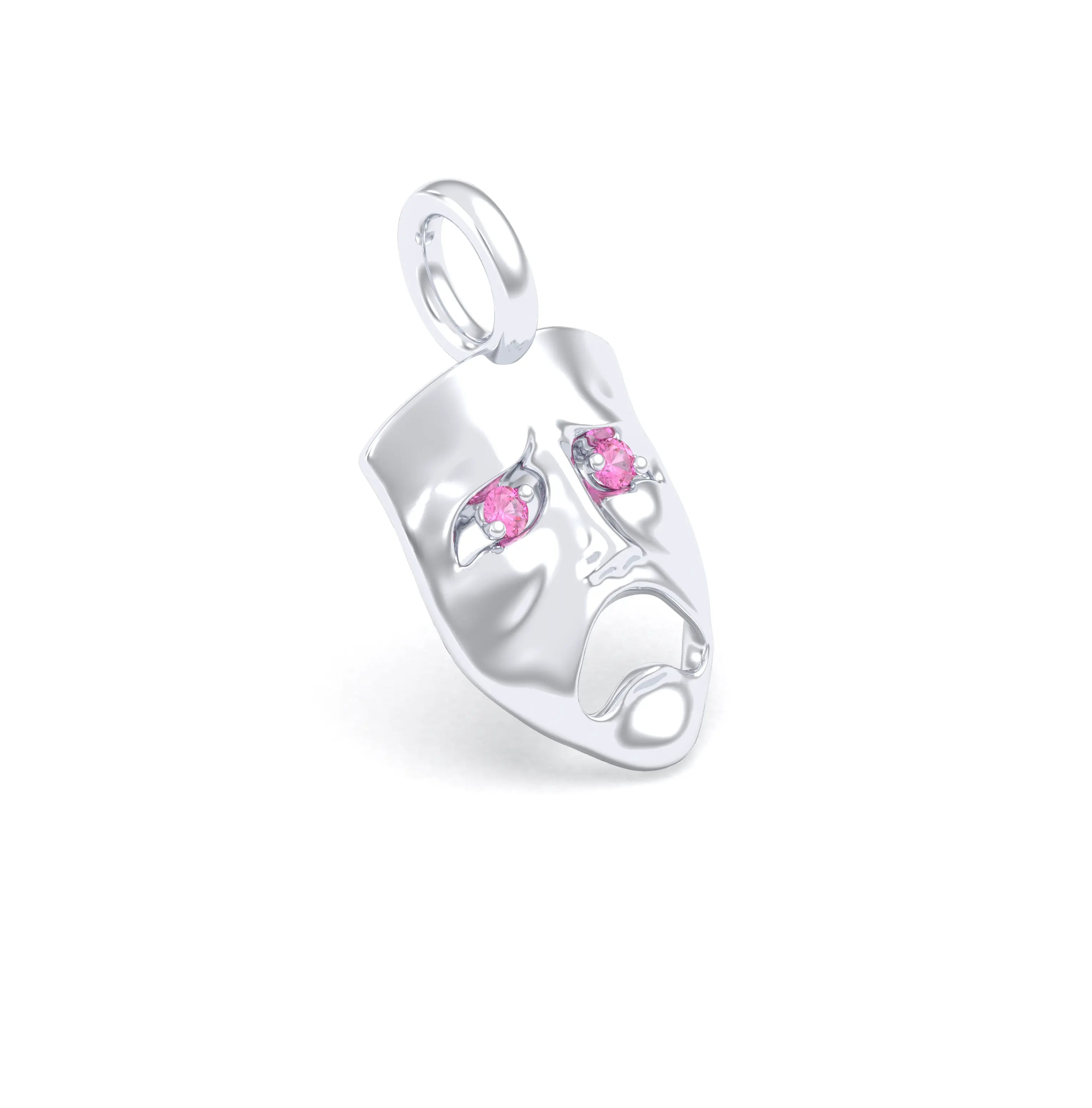 Collier Mélancolie en or blanc 18 carats, masque songeur du théâtre Saphir rose Pendentif seul