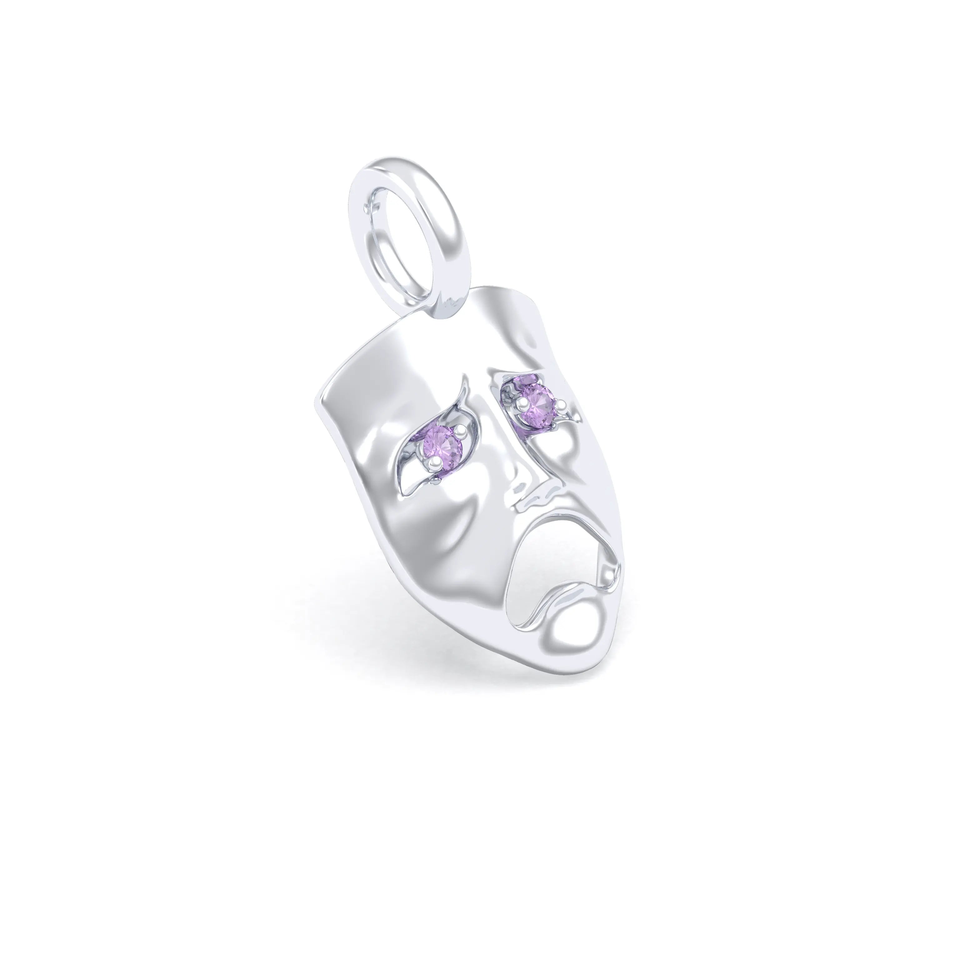 Collier Mélancolie en or blanc 18 carats, masque songeur du théâtre Saphir violet Pendentif seul