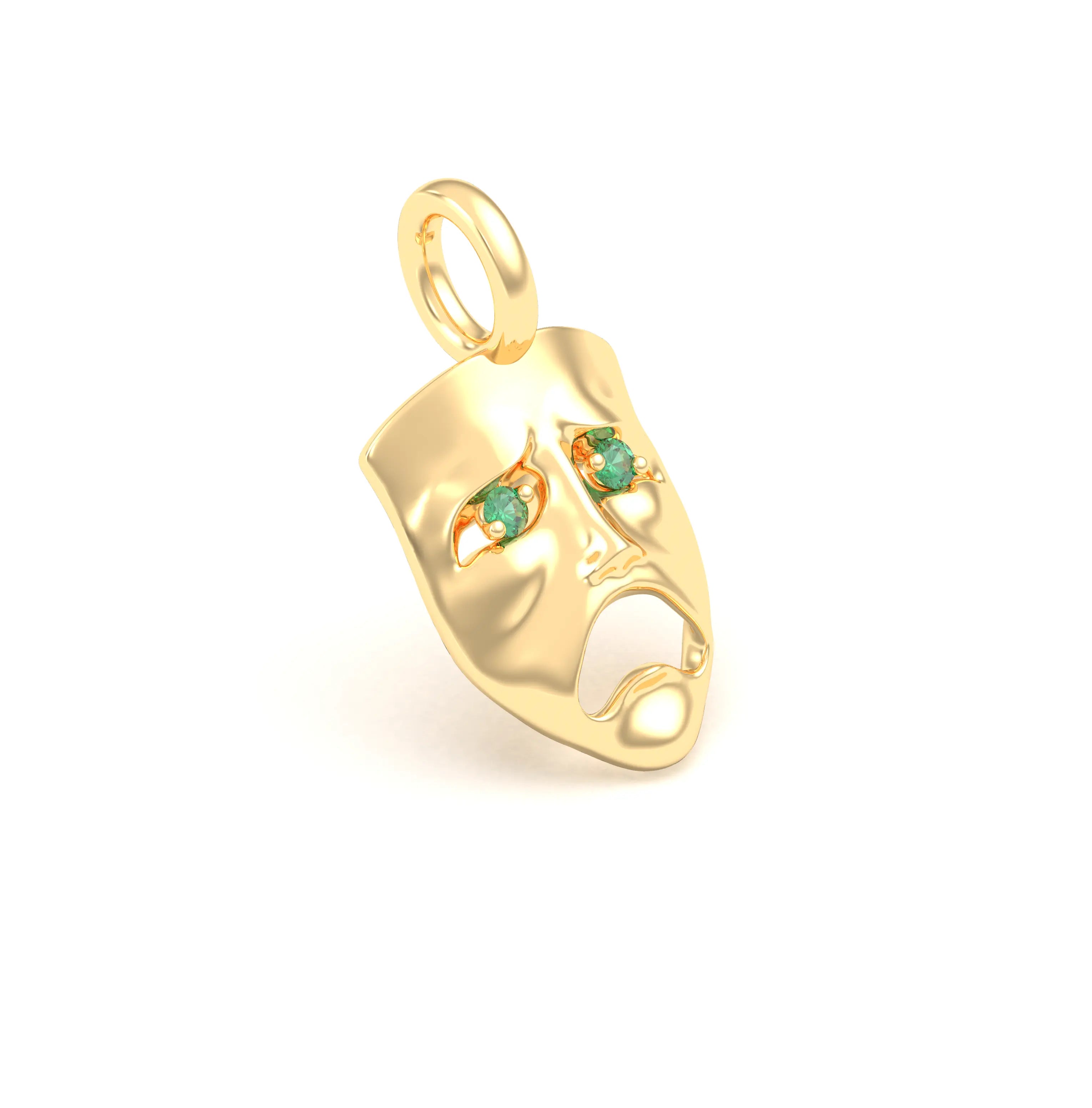 Collier Mélancolie en or jaune 18 carats, masque songeur du théâtre Emeraude Pendentif seul