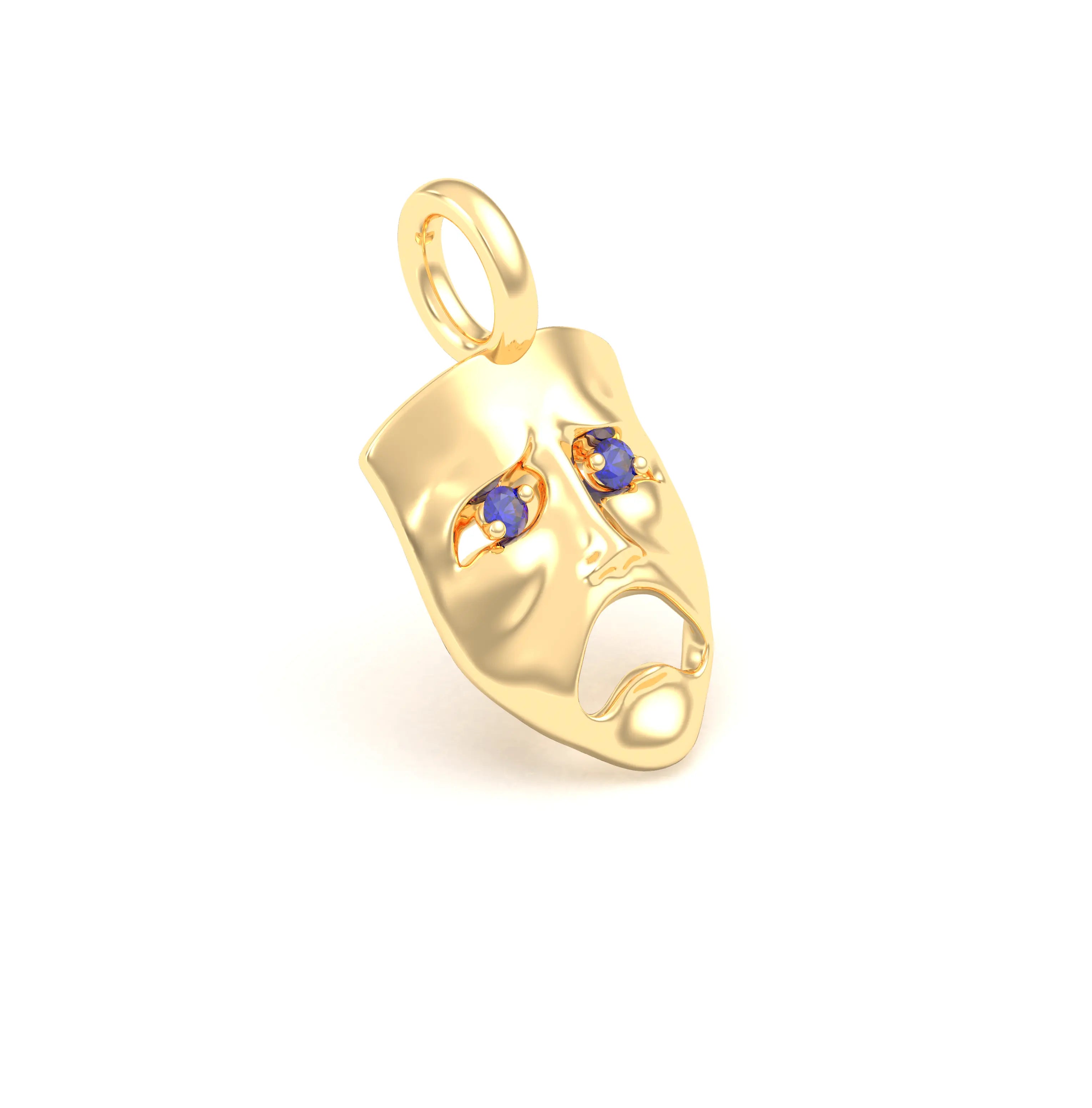 Collier Mélancolie en or jaune 18 carats, masque songeur du théâtre Saphir bleu Pendentif seul