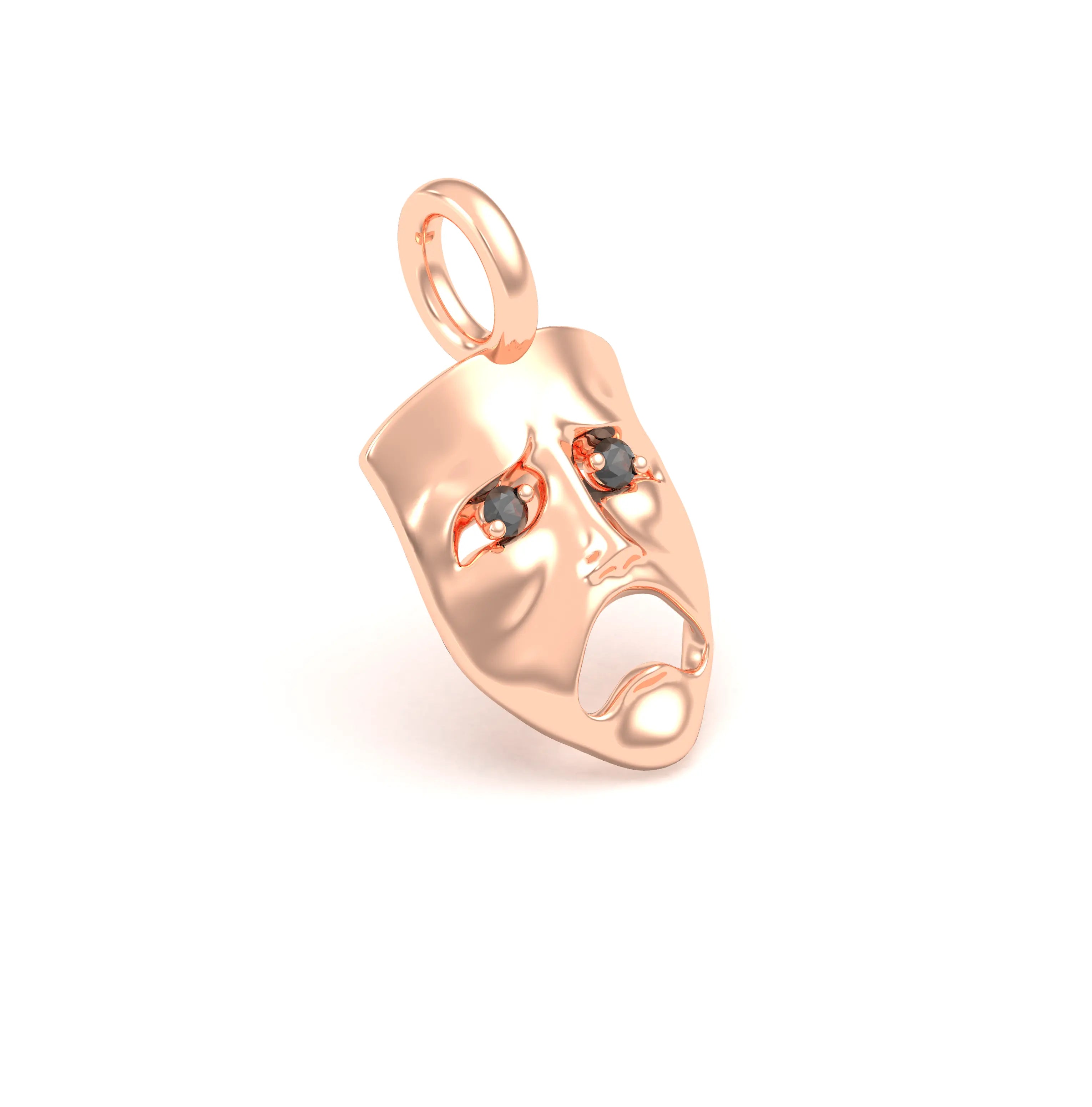 Collier Mélancolie en or rose 18 carats, masque songeur du théâtre Diamant noir Pendentif seul