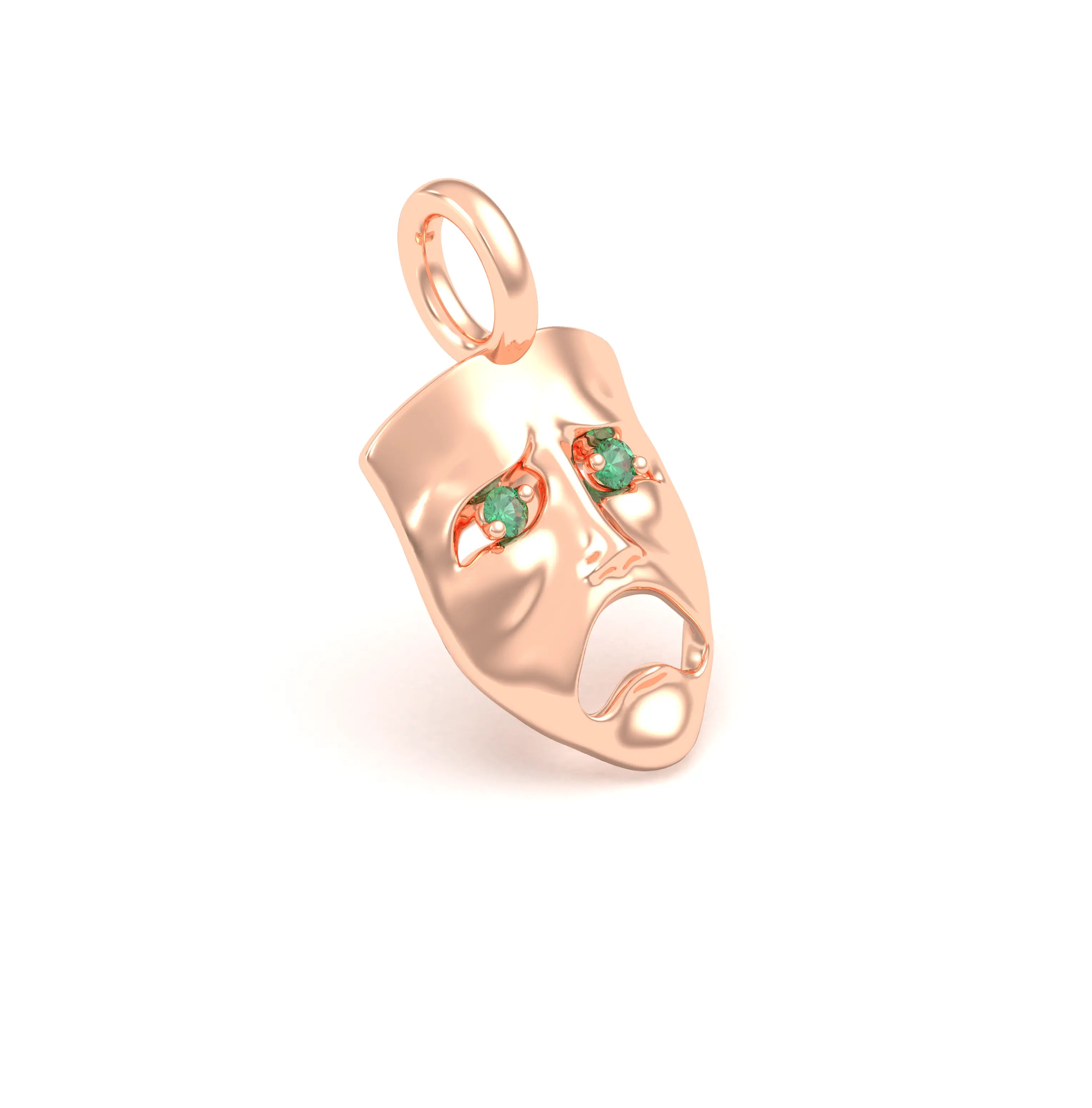 Collier Mélancolie en or rose 18 carats, masque songeur du théâtre Emeraude Pendentif seul