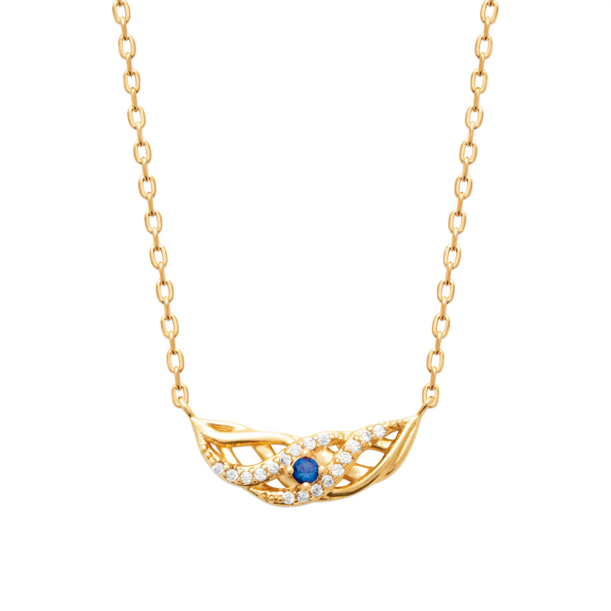 Collier navette ajourée en nid, zircons et pierre bleu nuit en plaqué or