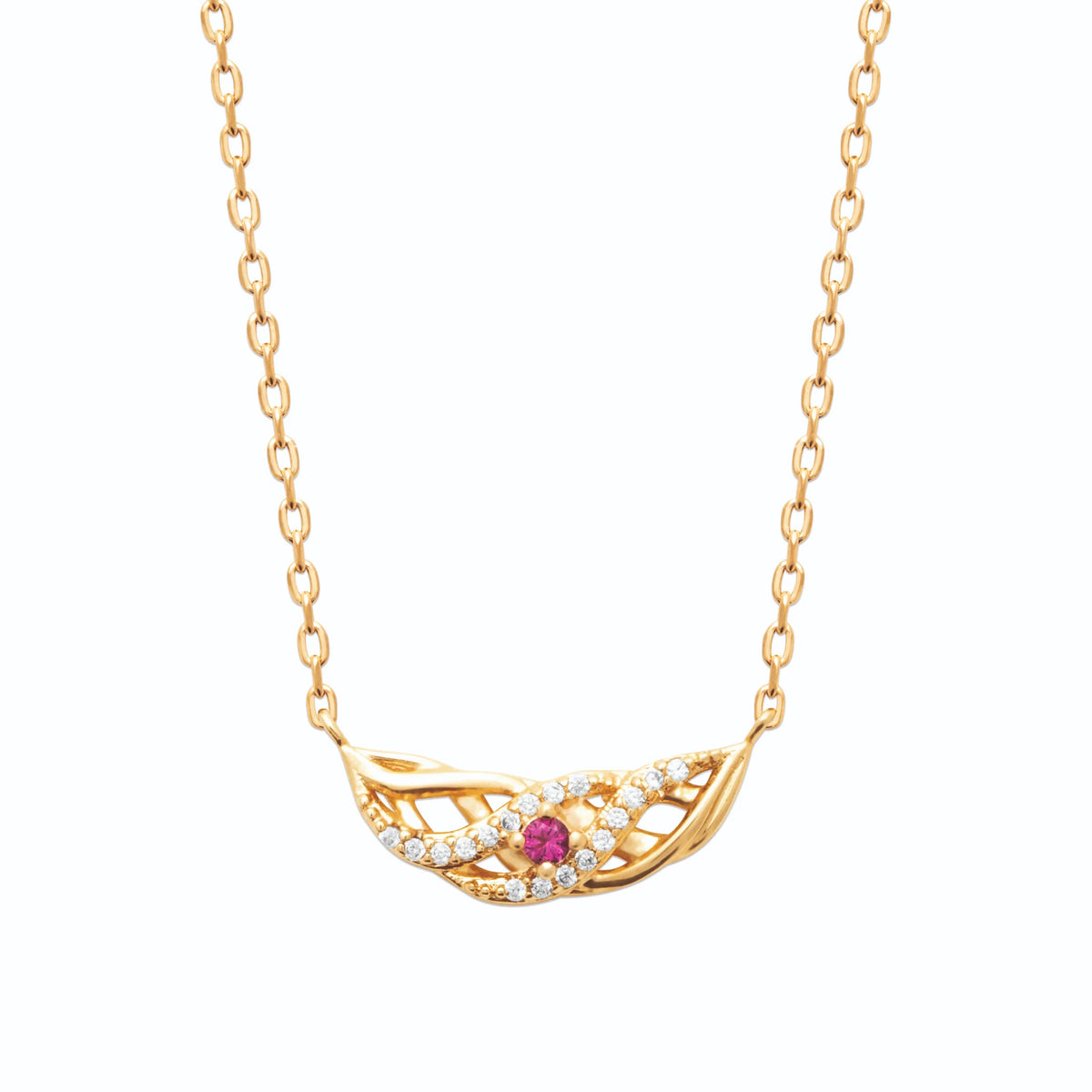 Collier navette ajourée en nid, zircons et pierre fuchsia en plaqué or