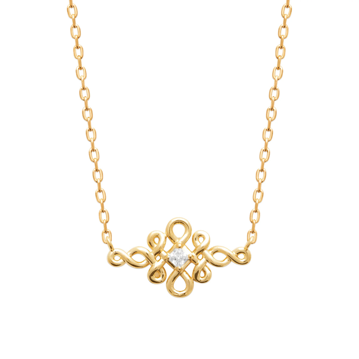 Collier nœud de volutes et zircon en plaqué or