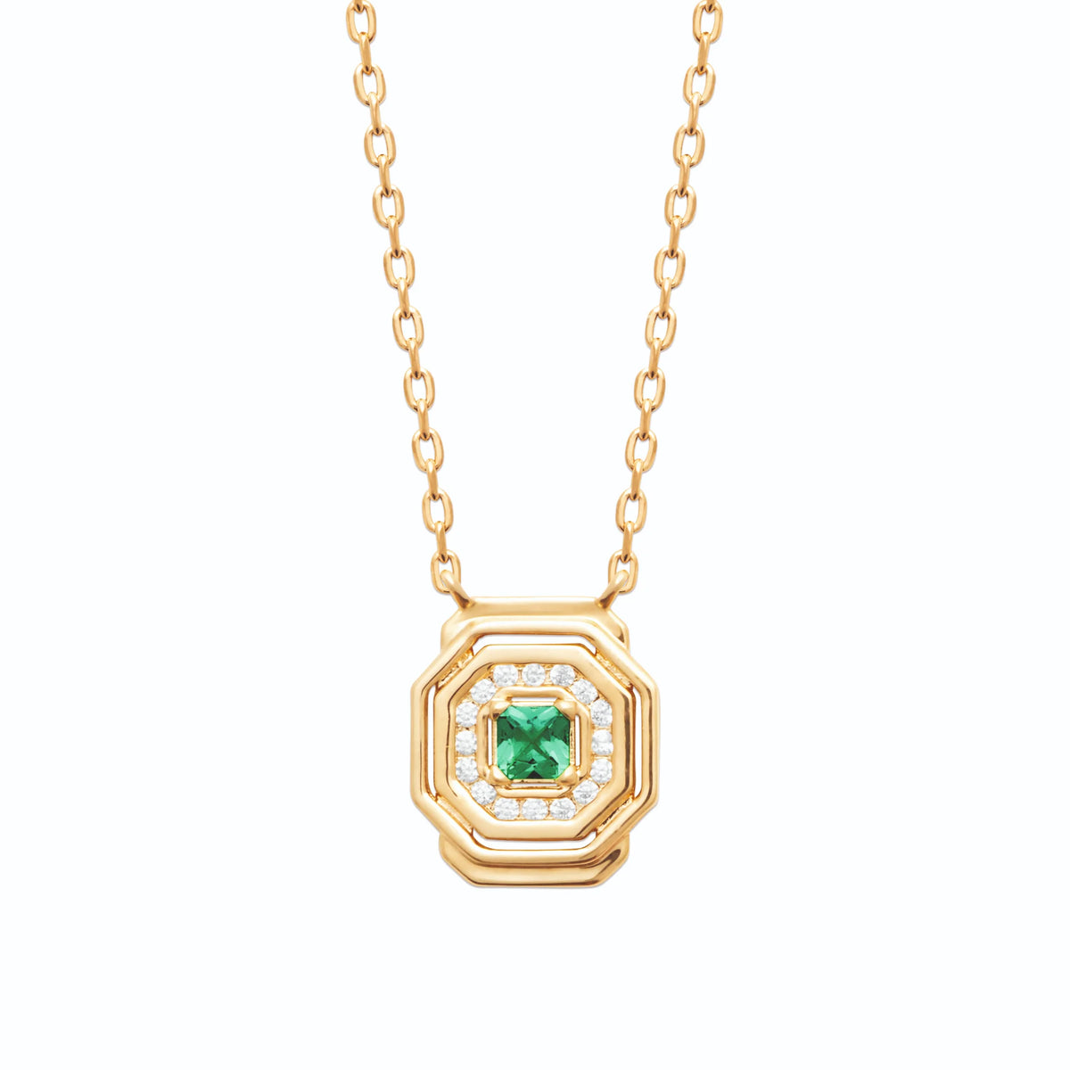 Collier pendentif octogonal à gradins et pierre carrée vert profond en plaqué or