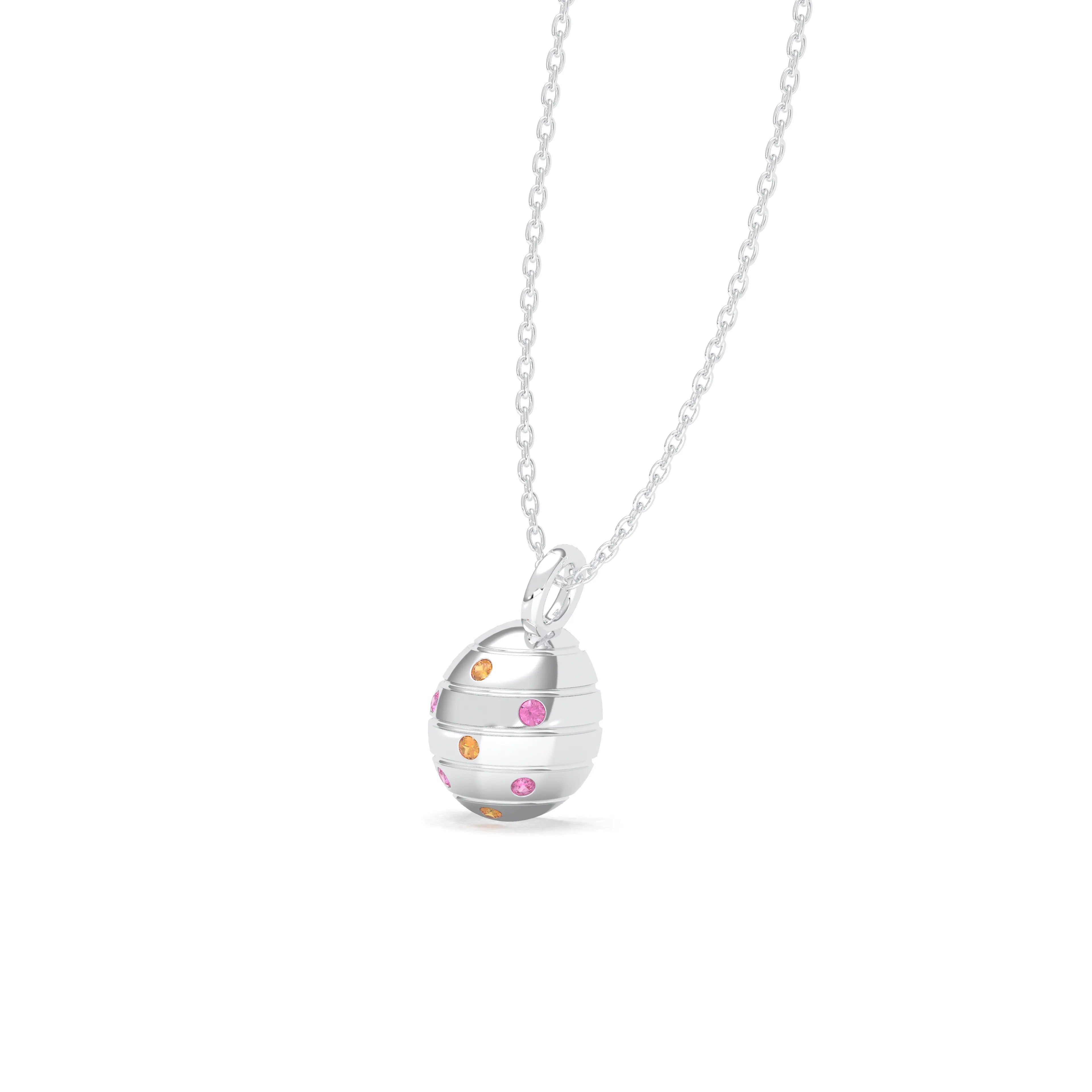 Collier “L’Œuf Céleste” – Or Blanc 18 Carats & 7 Pierres Précieuses Grenat spessartite - Saphir rose Pendentif avec chaîne