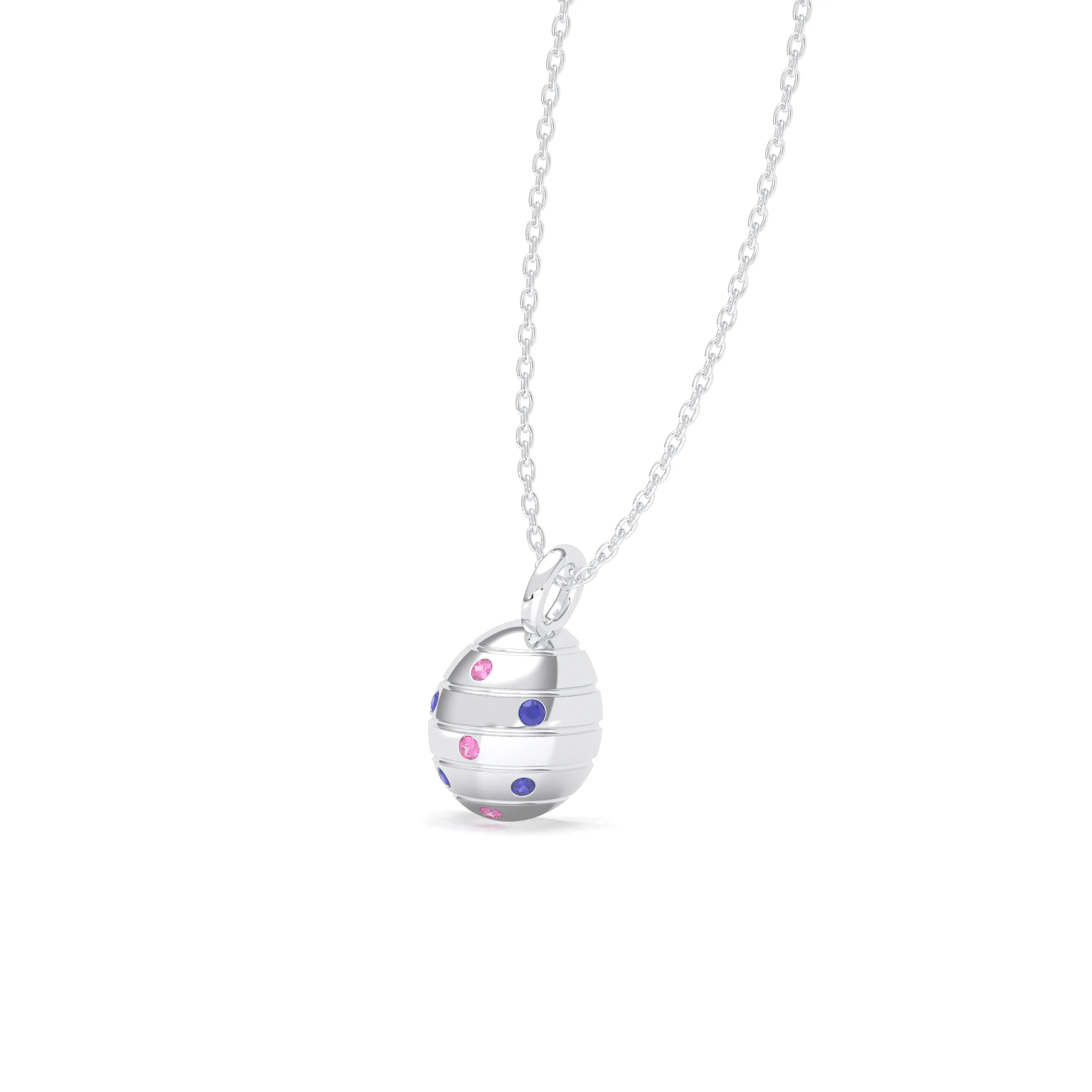 Collier “L’Œuf Céleste” – Or Blanc 18 Carats & 7 Pierres Précieuses Saphir bleu - Saphir rose Pendentif avec chaîne