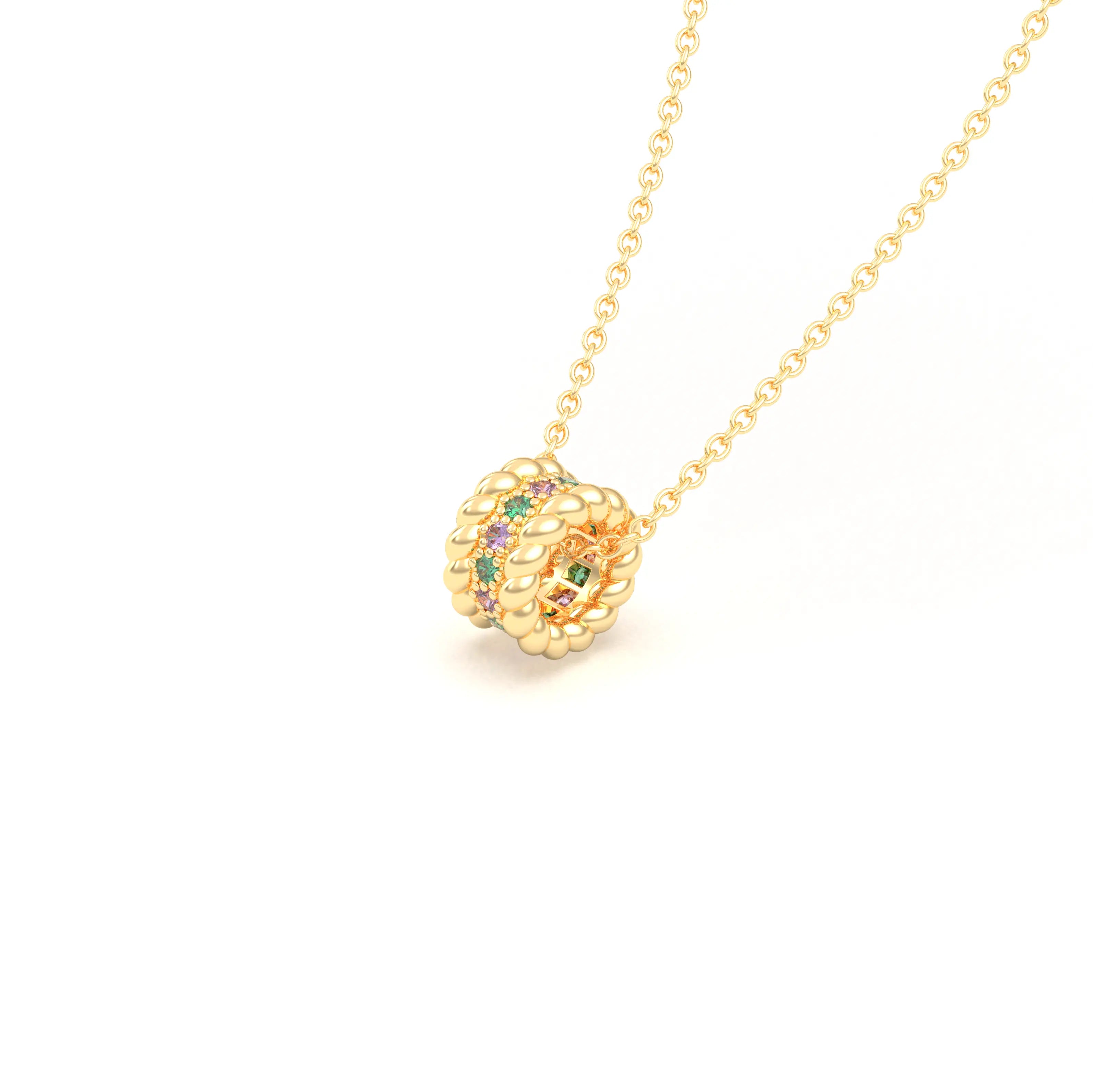 Collier Olympe en Or Jaune 18 Carats et Pierres Précieuses Saphir violet - Émeraude Pendentif avec chaîne