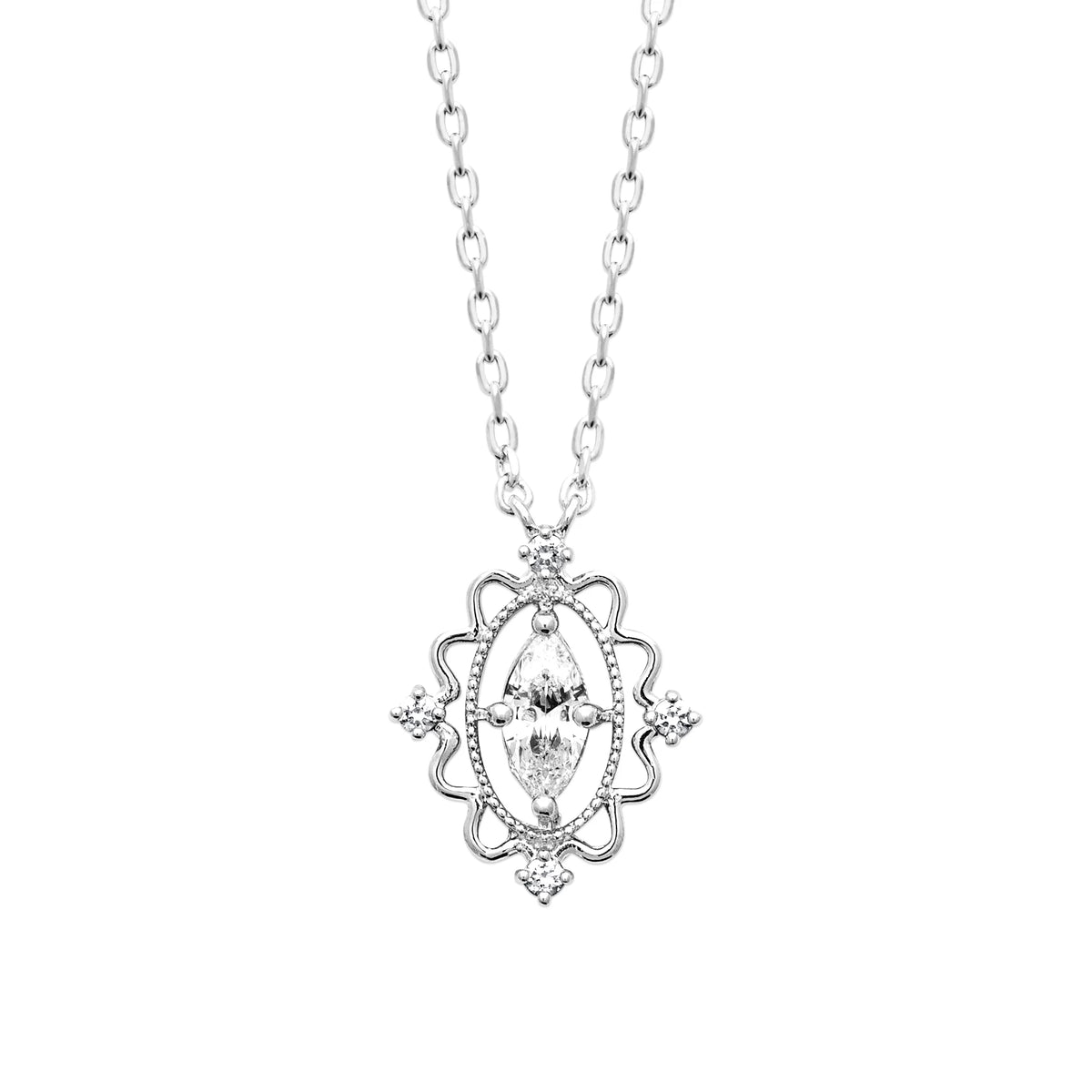 Collier pendentif ovale millegrain et zircon navette en argent 925