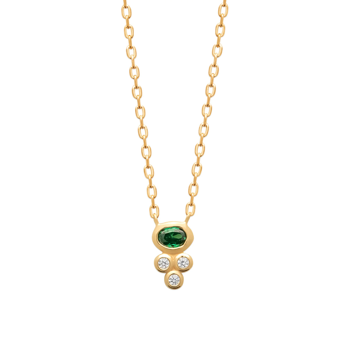 Collier pierre ovale verte en serti clos et zircons en plaqué or
