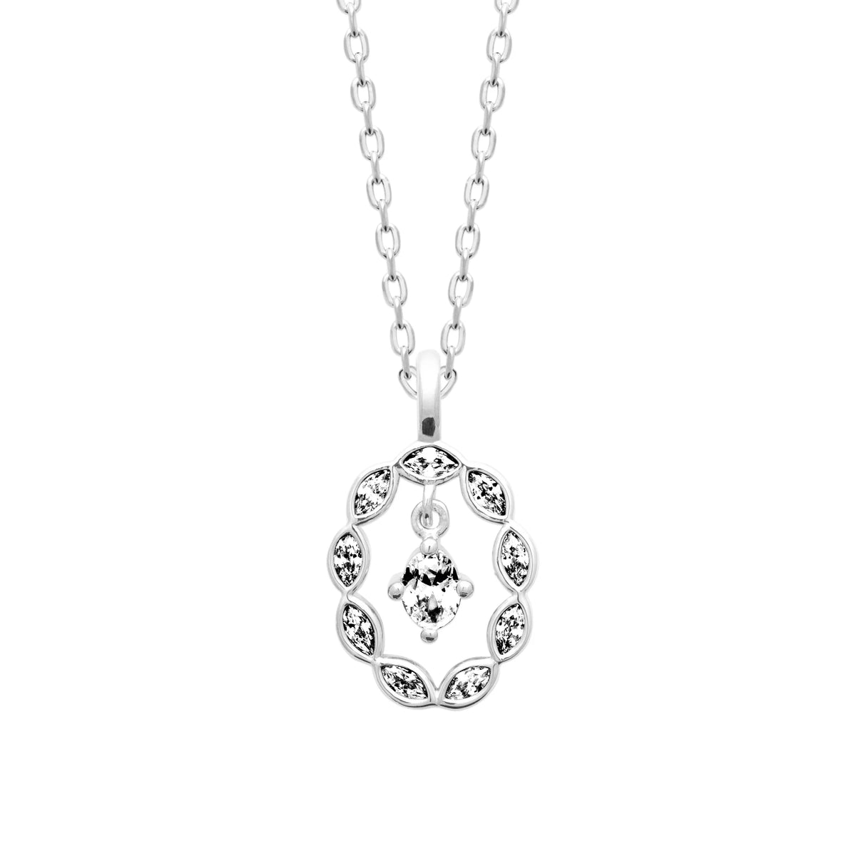Collier ovale de zircons navette et zircon central en argent 925