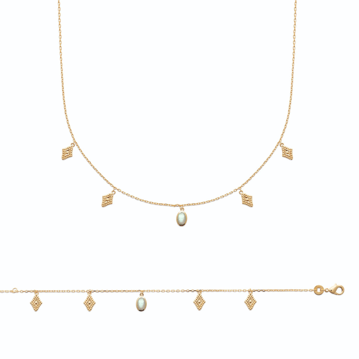 Collier pampilles losanges et goutte de labradorite en plaqué or