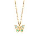 Collier papillon aux pierres bleu ciel et vertes en plaqué or